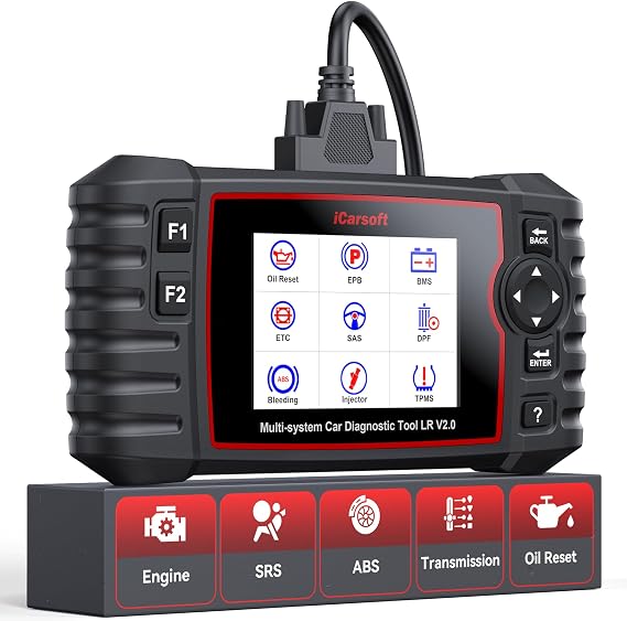 iCarsoft OBD2 Scanner for Landrover/Jaguar 9 Reset Functions Oil Reset BMS TPMS etc, Full System Diagnostic Tool with Airbag Transmission Scan, Battery Test/Live Data, LR V2.0 Car Code Reader