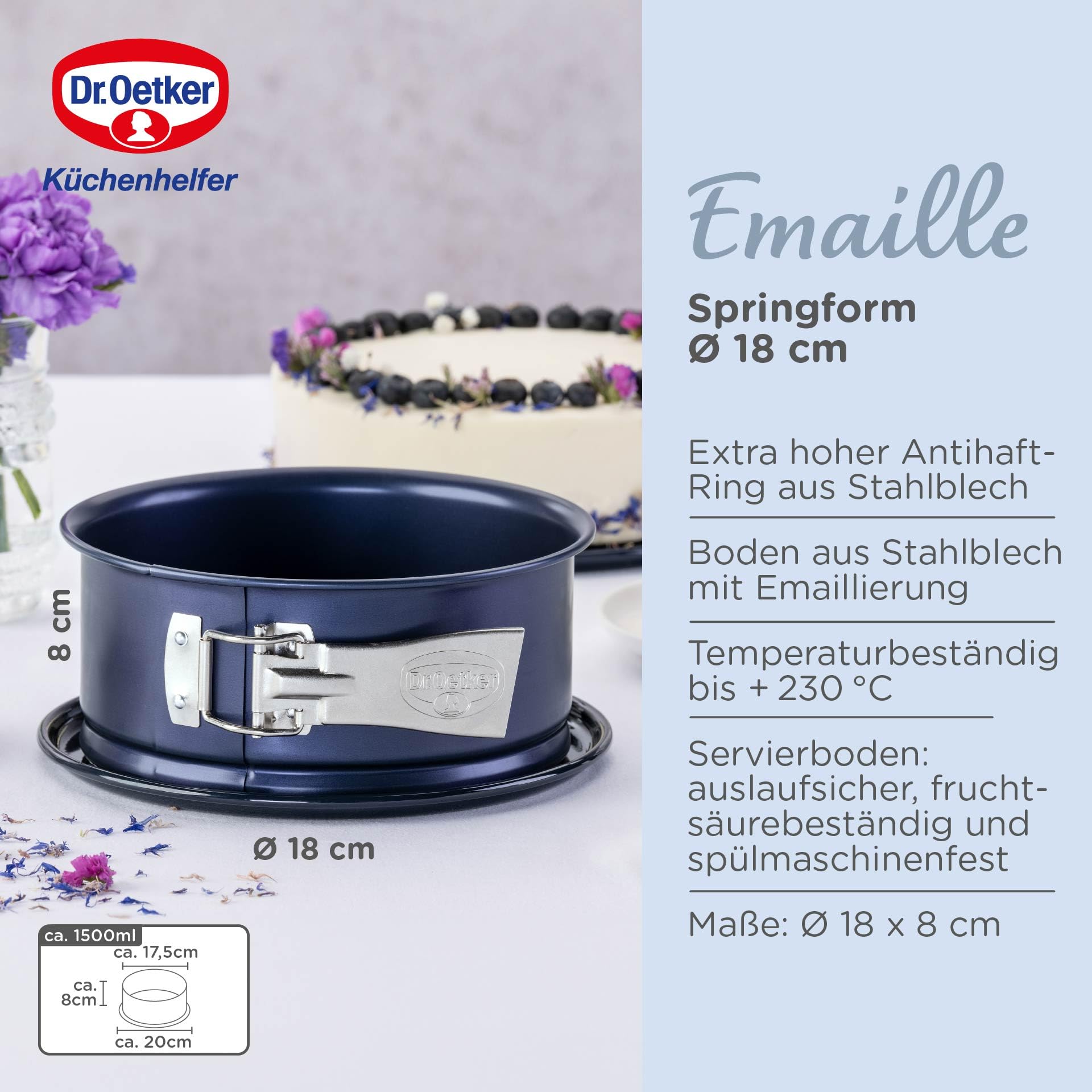 Dr. Oetker Moule à charnière Ø 18 cm BACKLIEBE EMAILLE, moule pour gâteau rond, moule à gâteau avec fond de service en émail résistant aux coupures et aux rayures, moule avec protection anti-fuite