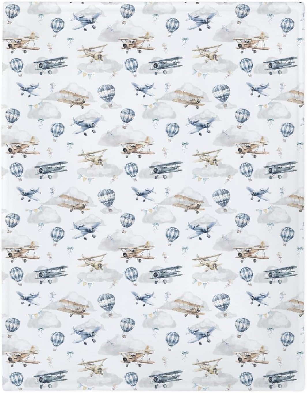Vintage Planes Airplanes Helicopters Baby Blankets for Boy Girl Hot Air Balloon Plane Clouds Sky Soft Flannel Nursery Bed Blankets for Infant Toddler Crib Swaddle Receiving Blankets 60x80