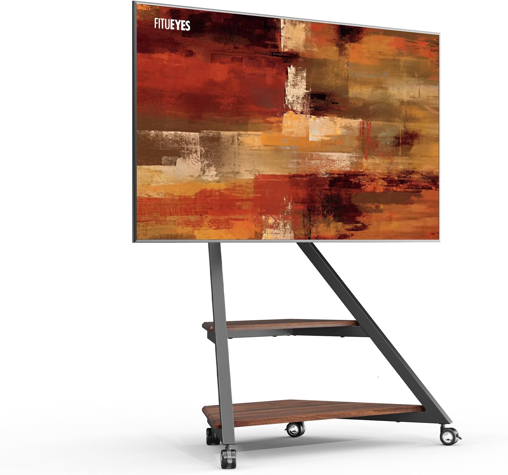 FITUEYESDesign Floor TV Stand for 55-88 Inch TVs Load 60kg Angle adjustment ±20° TV Stand on Wheels with 2 shelves Eiffel Series