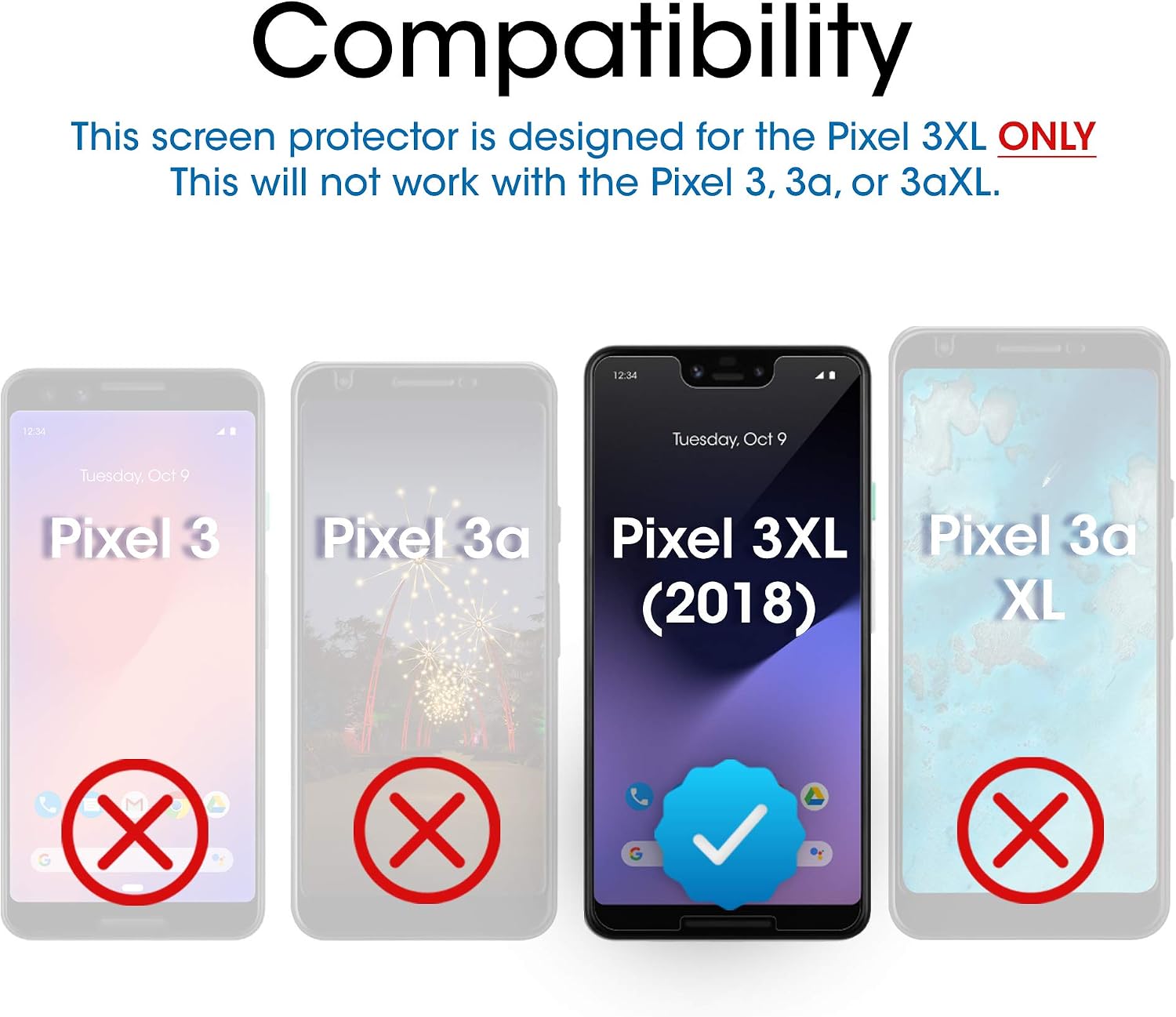 amFilm (3 Pack) Glass Screen Protector for Google Pixel 3 XL, 9H Tempered Glass, Scratch Resistant.