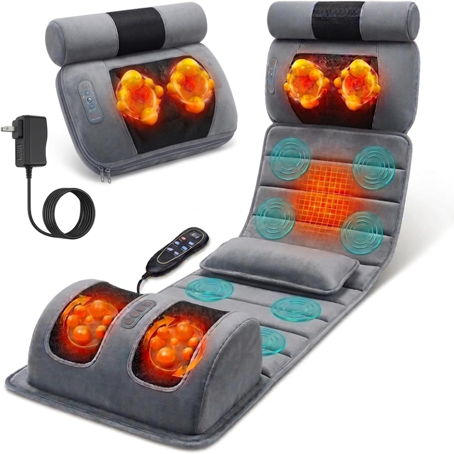 Full Body Massage Mat with Heat, Shiatsu Neck & Back Massager, Foot Massager, Lumbar Support Pillow, 10 Vibration Motors, Gray