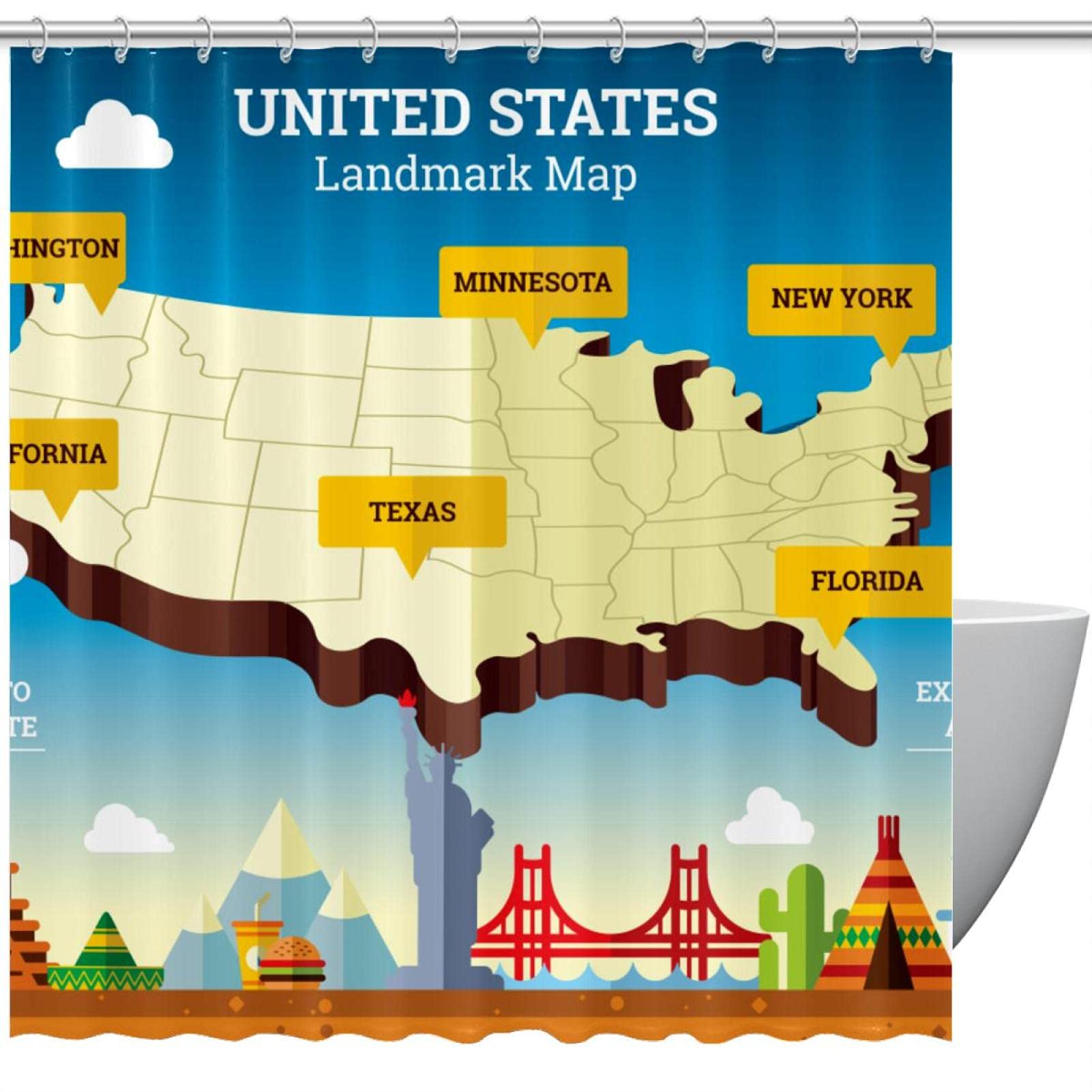 Rideau de douche carte des États-Unis imperméable 183x183 cm pour salle de bain
