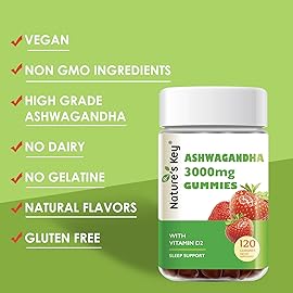 Nature\'s Key Ashwagandha Gummies, High Potency Ashwagandha Root Extract with Vitamin D2, for Men & Women, Stress, Calm Mood & Cognition, Strawberry Flavor (120 Count (Pack of 1)