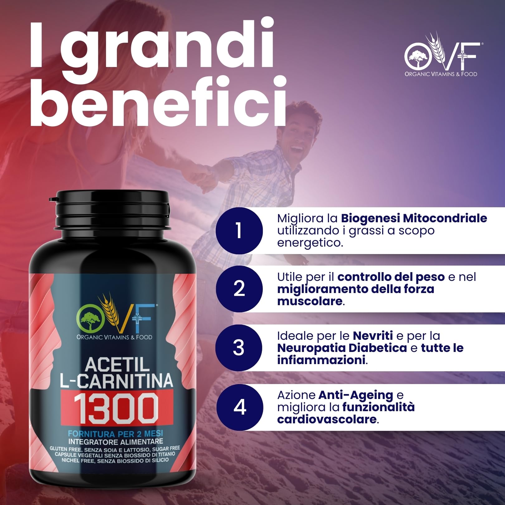 OVF - Acetil L-CARNITINA 1300mg 120cps (2 mesi di fornitura) - La Carnitina Potenzia la Produzione di Energia e favorisce il Metabolismo dei Grassi - Senza Biossido di Silicio - Made in Italy
