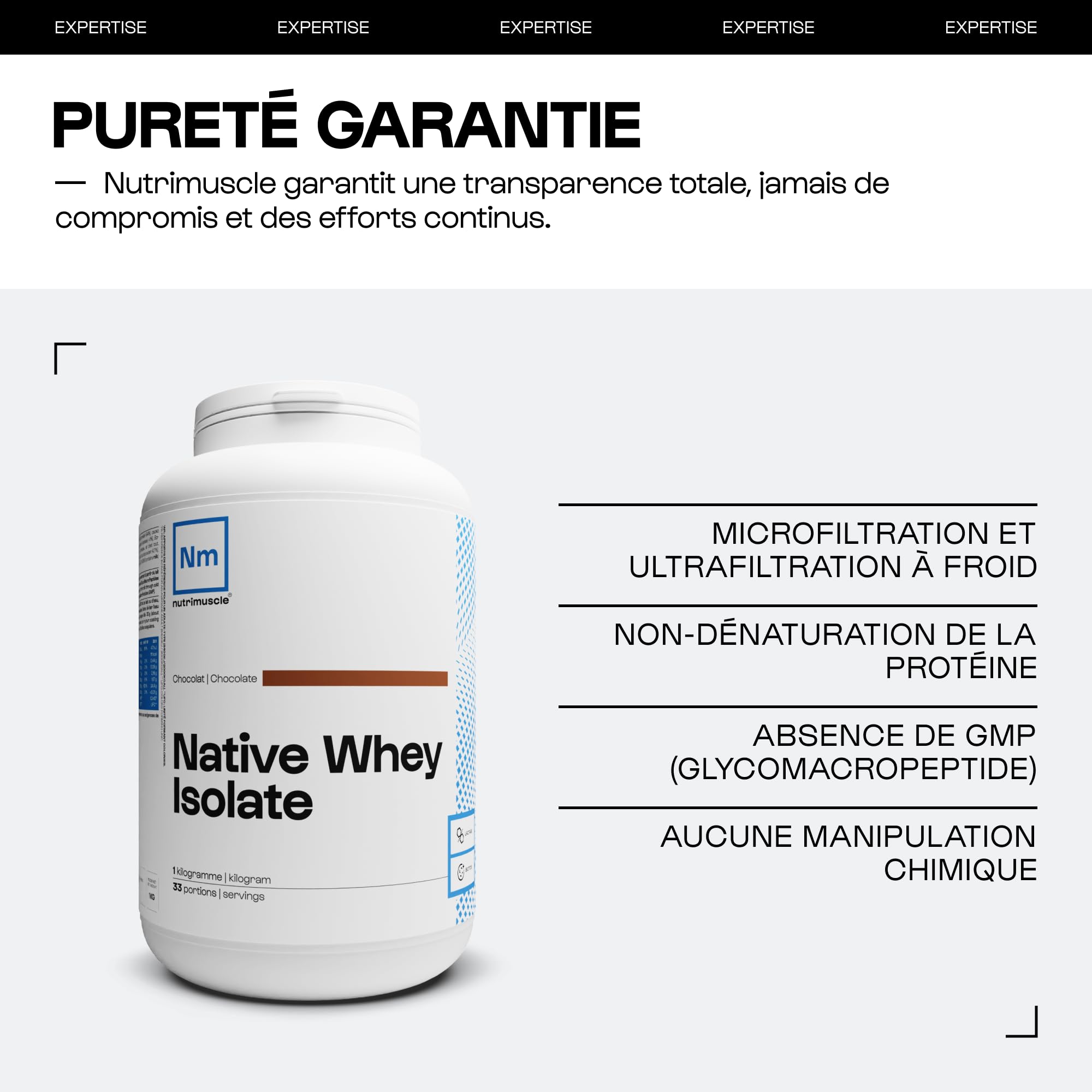 Aislado de Whey Nativo 100% Puro | Proteína de Suero en Polvo extraproteinada (90%) • Leche francesa • Creación muscular • Musculación/Fitness | Nutrimuscle | Aroma Natural Vainilla - 1,5 kg