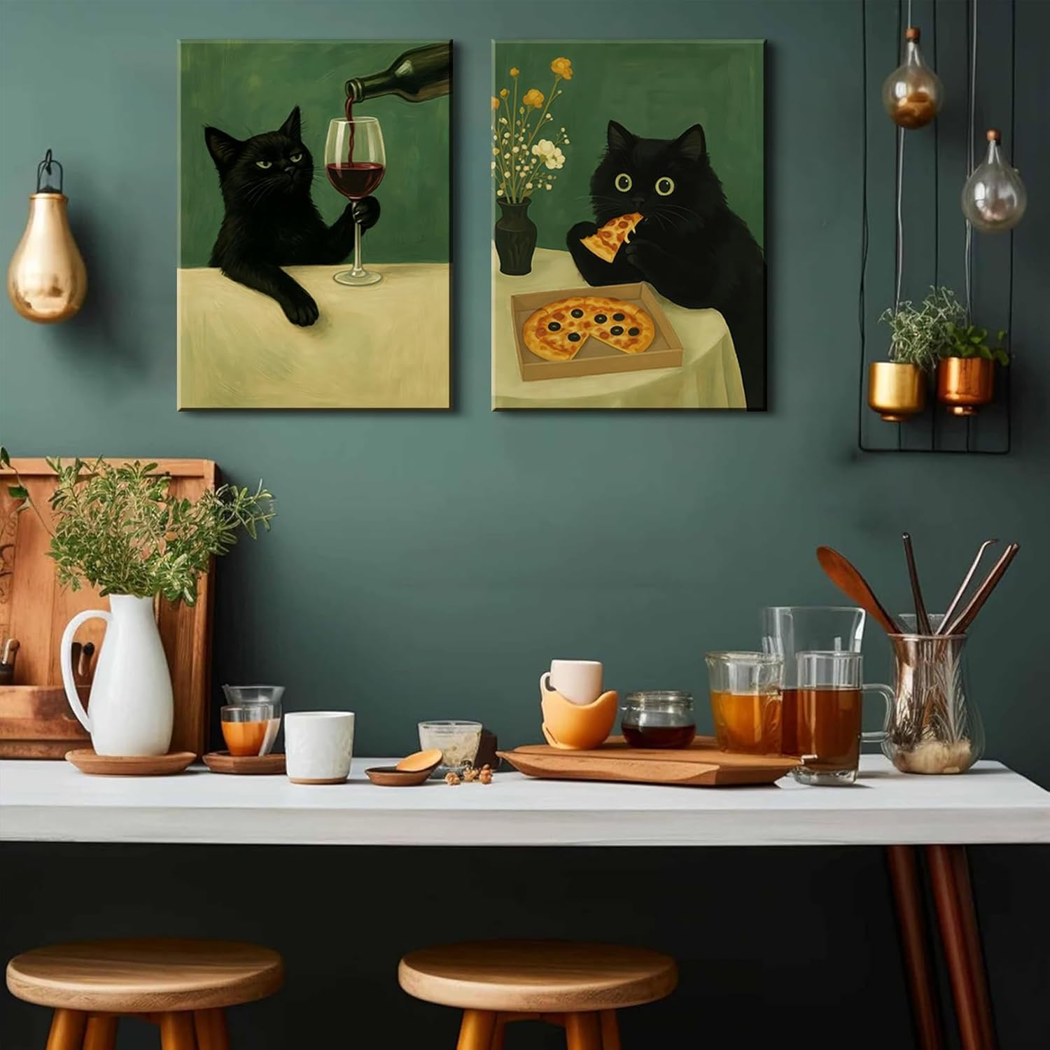 2Pcs Framed Black Cat Canvas Wall Art Moody Dark Green Wall Decor Cat Wine Pizza Posters Dark Humor Kitten Pictures Vintage Whimsical Animal Painting Prints for Kitchen Dining Room Home Decoration