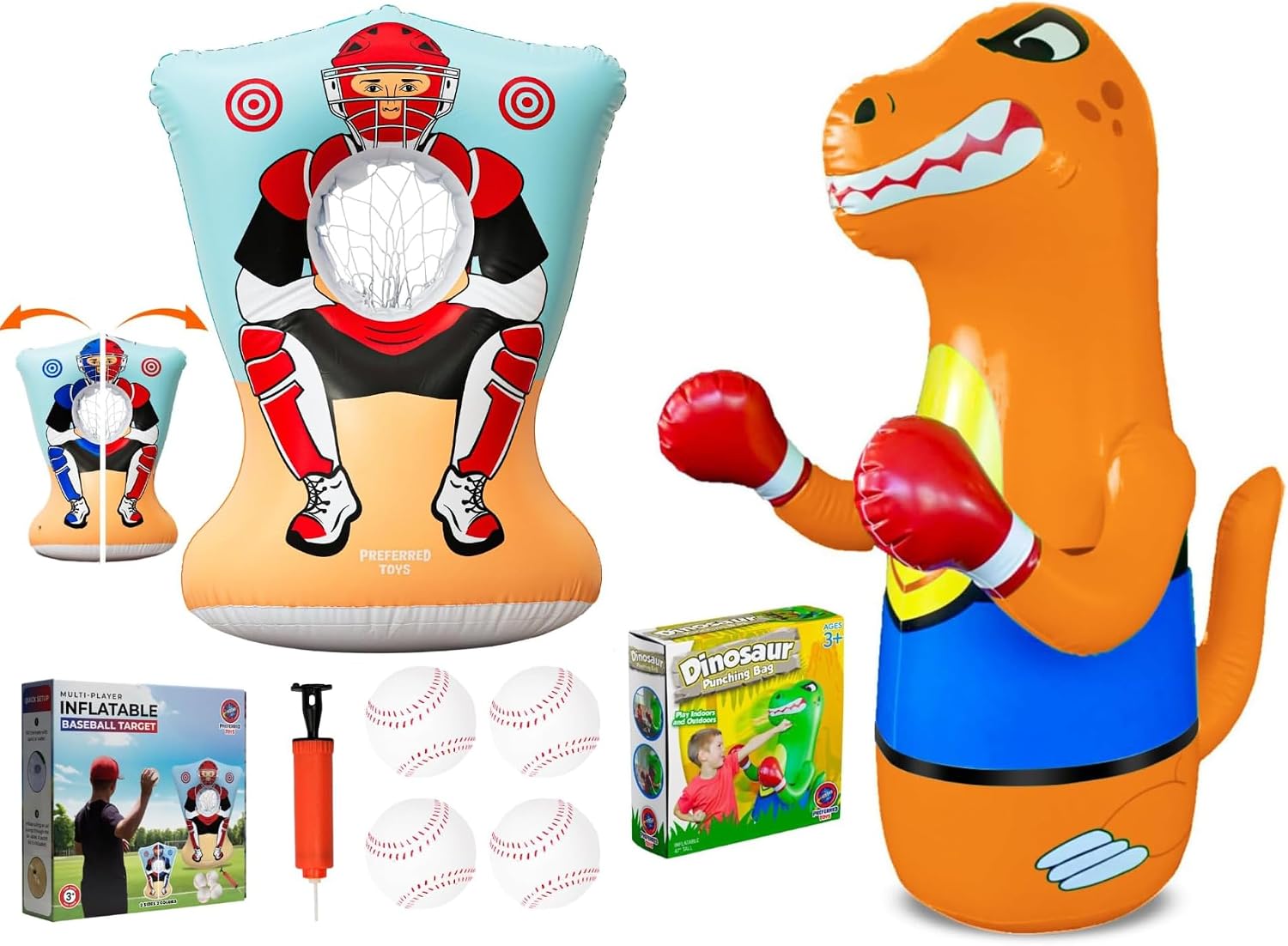 Inflatable Sports Bundle for Kids – Baseball Pitching Target Game and Bop-Back Punching Bag Dinosaur – Indoor Outdoor Activity Set for Active Play, Coordination & Energy Release
