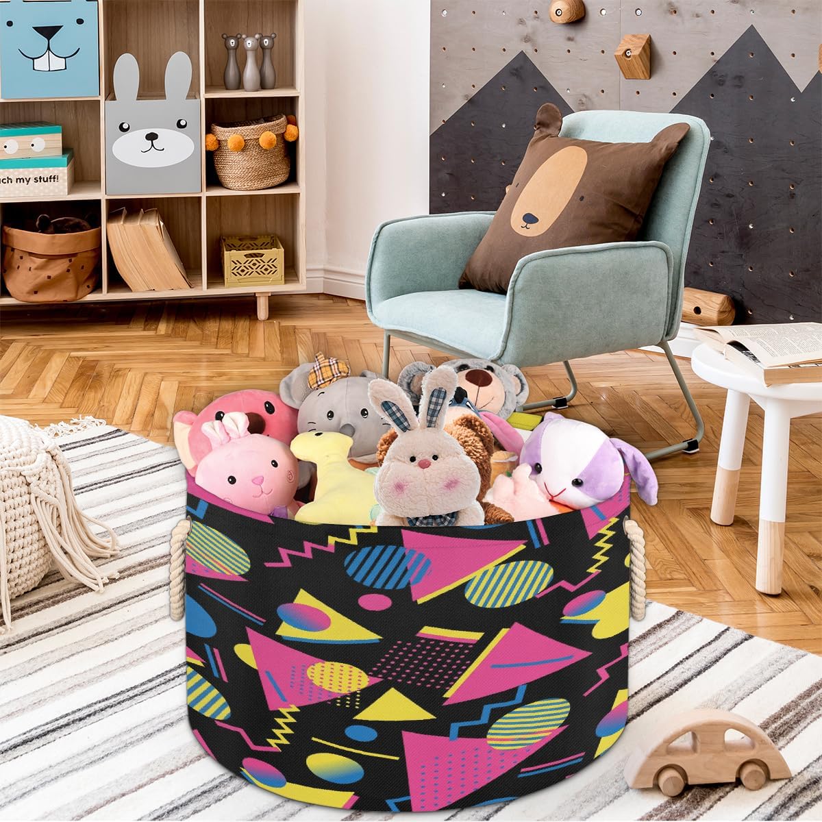 Large Storage Baskets - Retro 80s Nursery Round Collapsible Organizer Bin Box Laundry Hamper for Kids Toys, Blanket, Bedroom Living Room Home Decor, Gift Basket, 19.4"x13.3"