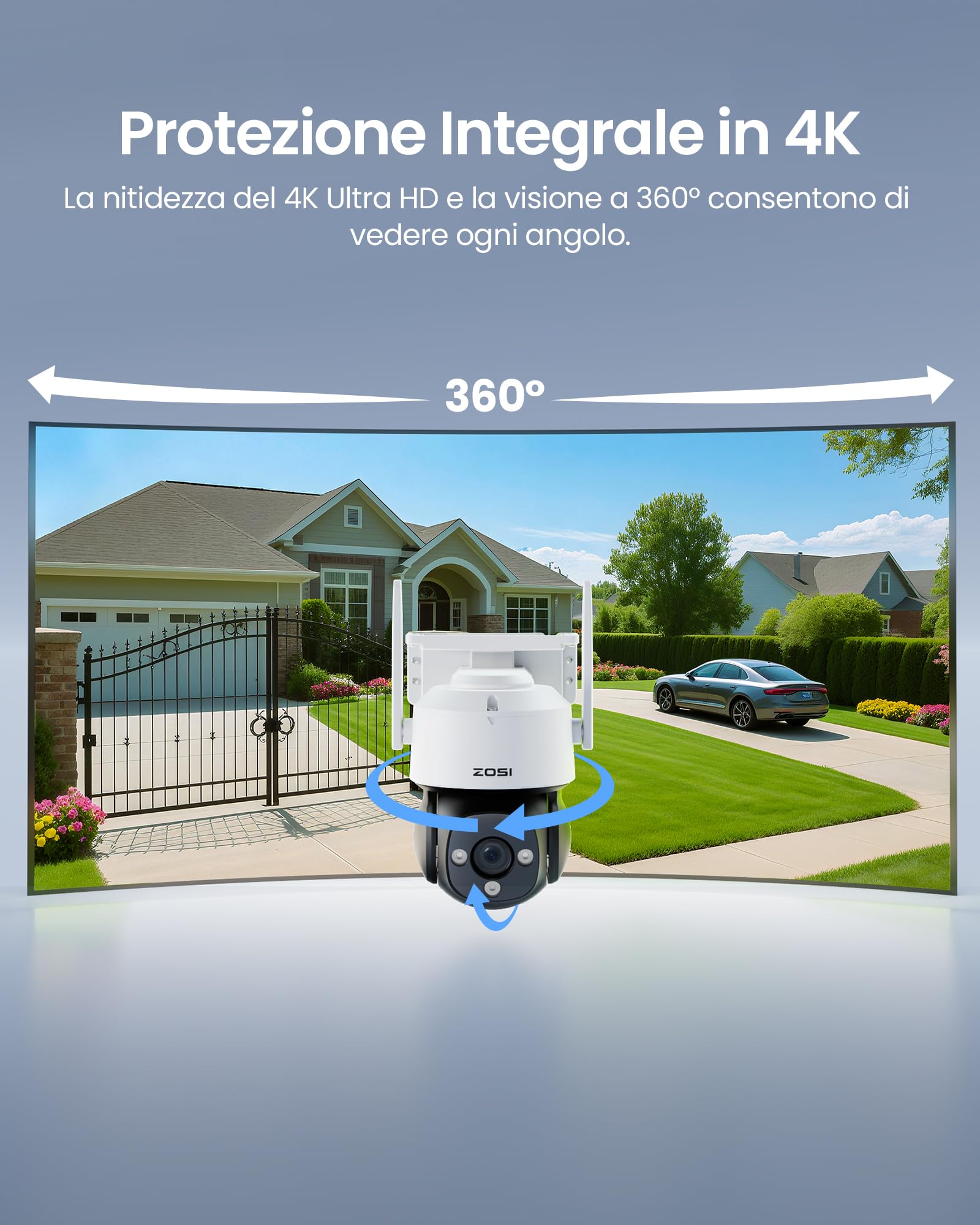 ZOSI 4K Telecamera di Sorveglianza WLAN per Esterni con Scheda da 64 GB, 8MP Telecamera PTZ a 360°, Riconoscimento di Persone/Veicoli, Auto Tracking, Audio Bidirezionale, Visione Notturna IR