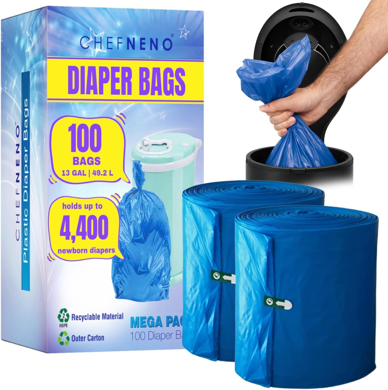 Disposable Diaper Pail Refill Bags (100 Bags) Compatible with Ubbi Diaper Bag Pail 13 Gal Capacity Diaper Pail Bag Medium Kitchen Trash Bag Heavy Duty Recycled Large Garbage Bag (100 ct.)
