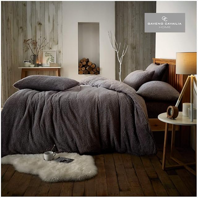 Teddy Fleece Duvet Cover with Pillow Cases, Warm Soft Fluffy Bedding Thermal Quilt Set, Charcoal
