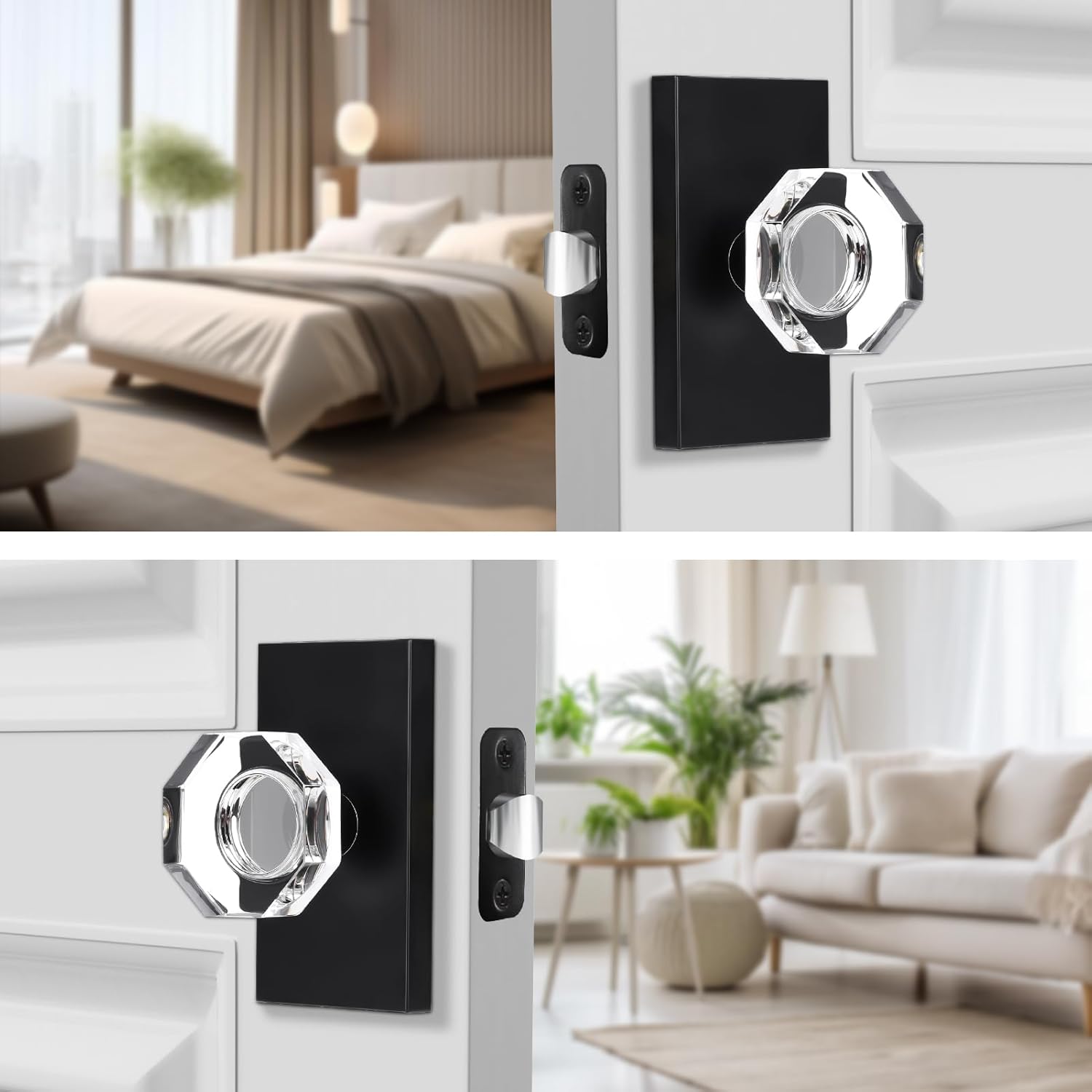 Octagon Passage Clear Glass Door Knobs Interior, Matte Black Crystal Door Knobs for Hall/Closet