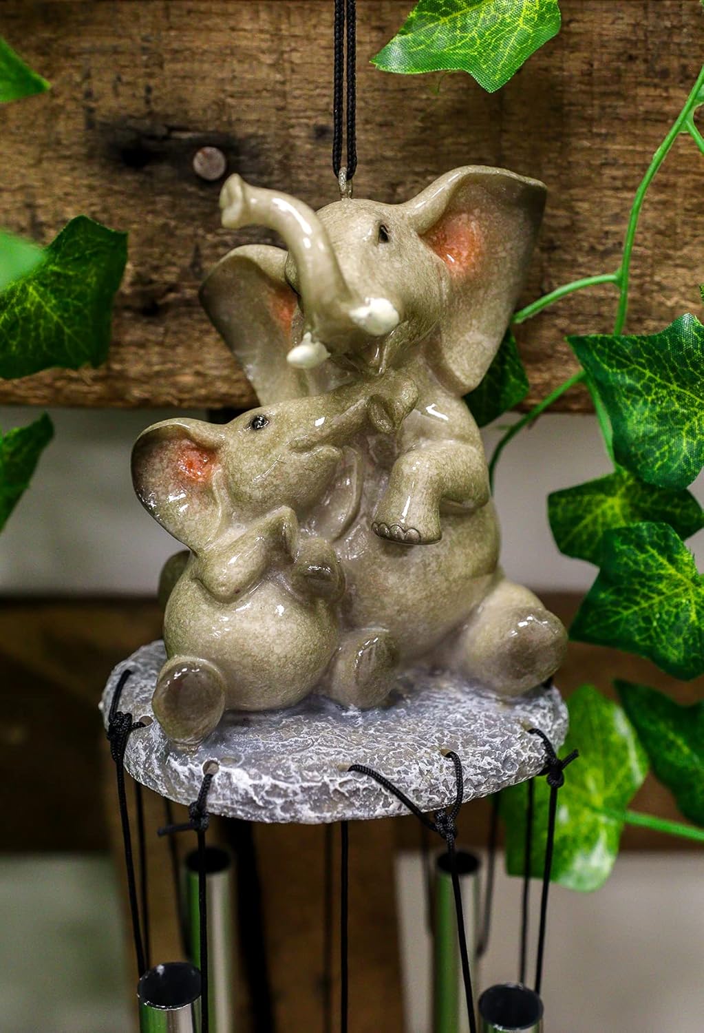 Ebros Gift Safari Savanna Elephant Family Bonding Time Figurine Crown Top Resonant Wind Chime with Trumpeting Elephants Ornaments for Garden Patio Home Animal Themed Decorative Accent