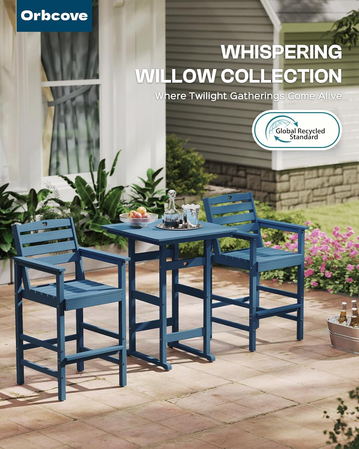 Patio Bar Table,Adirondack Chairs and Table 2 Pieces Set, Bar Height Chairs Set of 2, Outdoor Bar Stools Set,Weather-Resistant Outdoor Furniture for Deck, Balcony, Poolside Easy Assembly