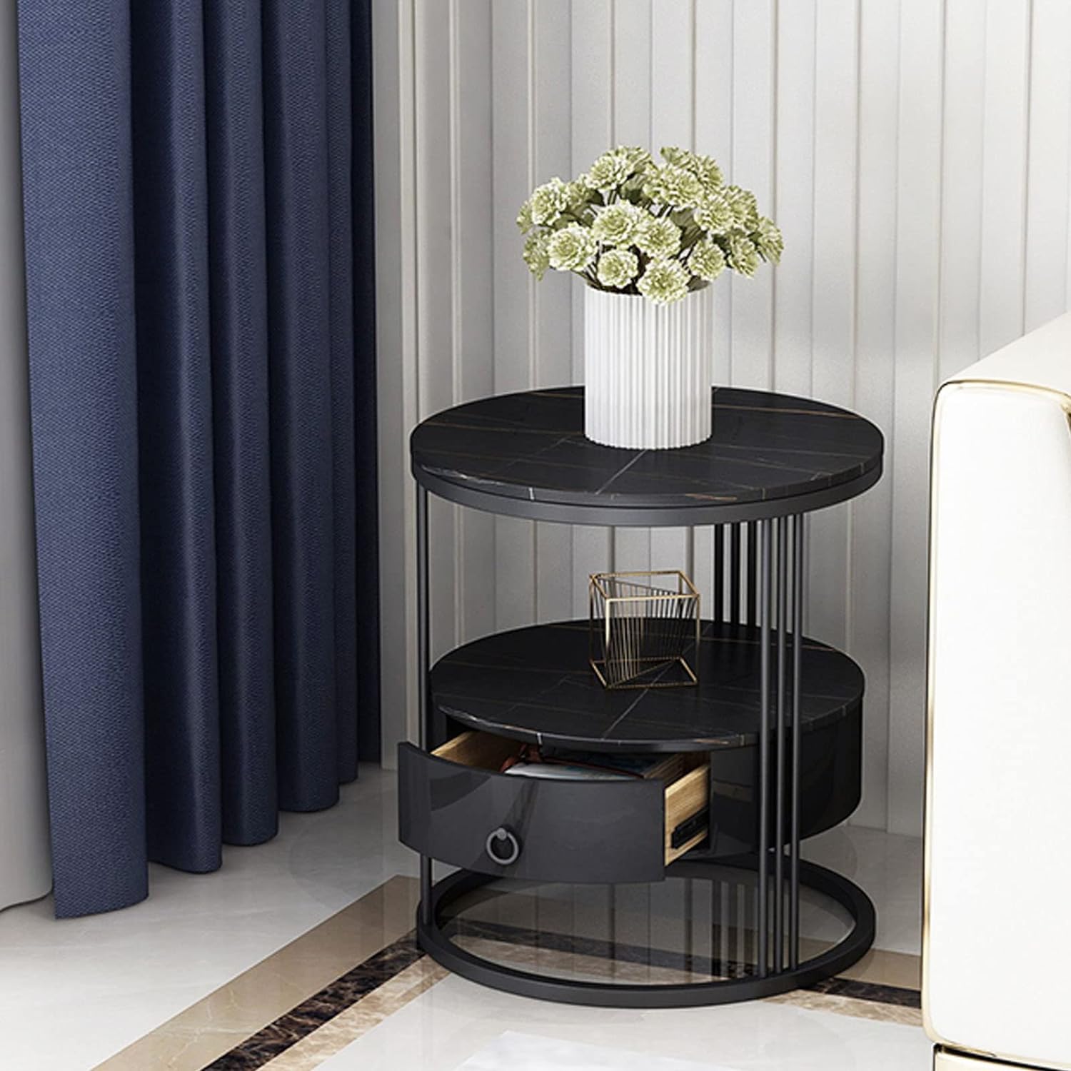 WoodenZone End Table Round Sofa Side Table with Storage Drawer - Modern 2-Tier Marble Look Coffee Table for Living Room Bedroom (Black) (B0CY8Z9LTB) Amazon Price History, Amazon Price Tracker