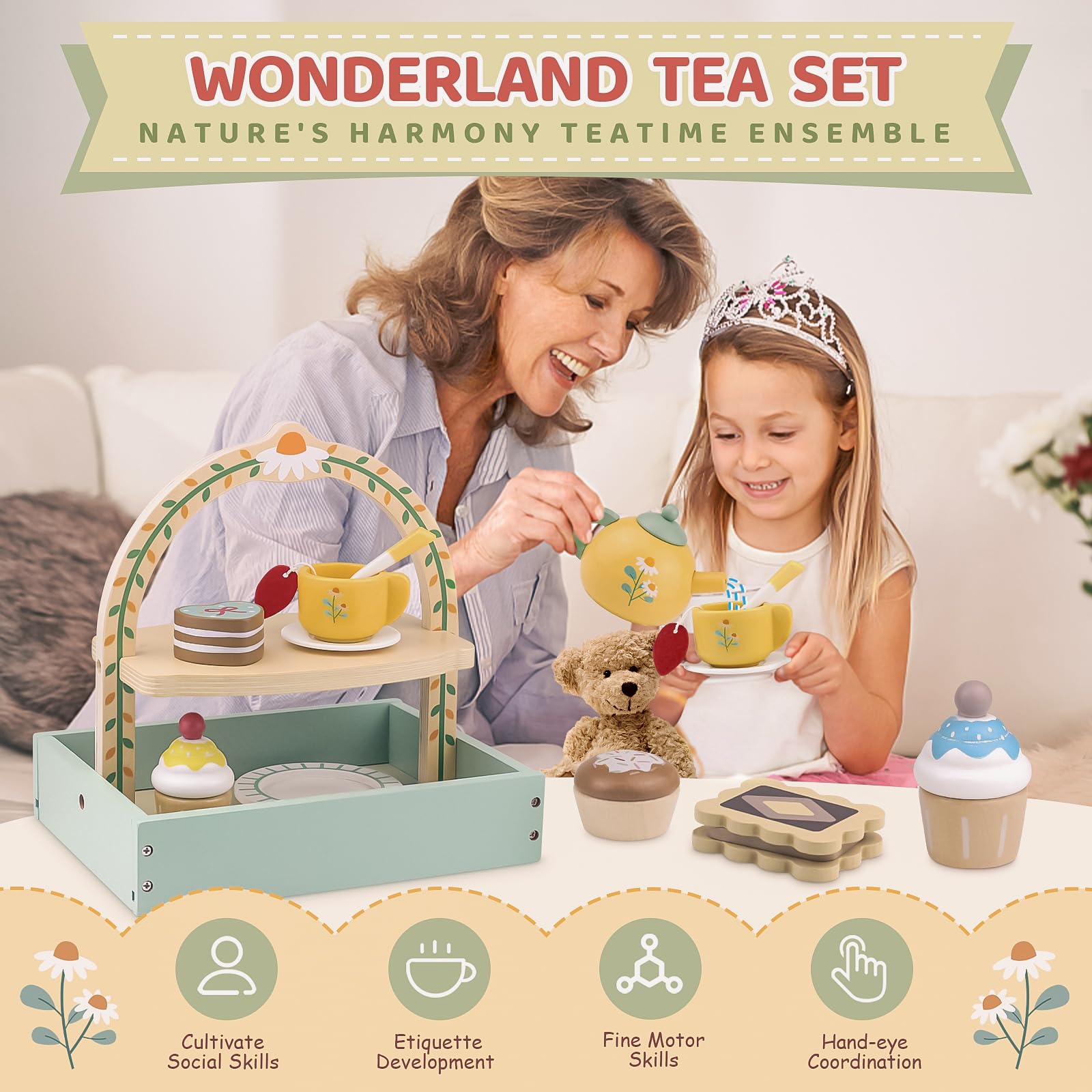 Airlab Set da Tè Bambina Accessori Cucina Giocattolo per Bambini in Legno | Accessori Cucina Legno per Bambini Bambina con Paniere, Cibo Finto Giocattolo Bambino Cucina, Regalo Bimbo Bimba 3 4 5 Anni