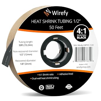Wirefy 1/2 بوصة الحرارة يتقلص أنابيب - 41 نسبة - لاصق مبطن - مقاومة الانكماش الحراري - 50 قدم لفة - أسود