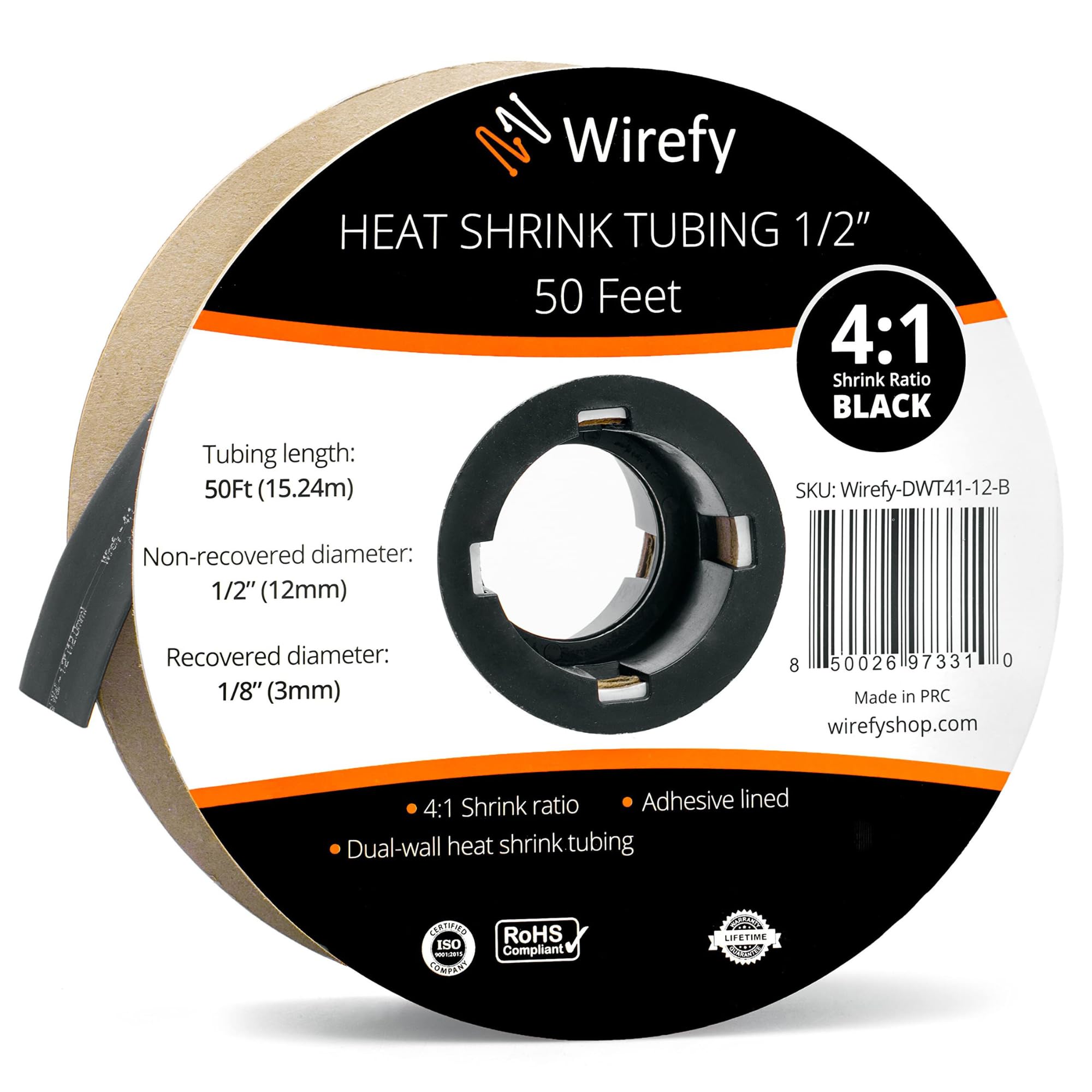 Wirefy Guaina Termorestringente 12,7 mm - Tubo Isolante 4:1 - Interno Adesivo - Nero - Rotolo 15 m