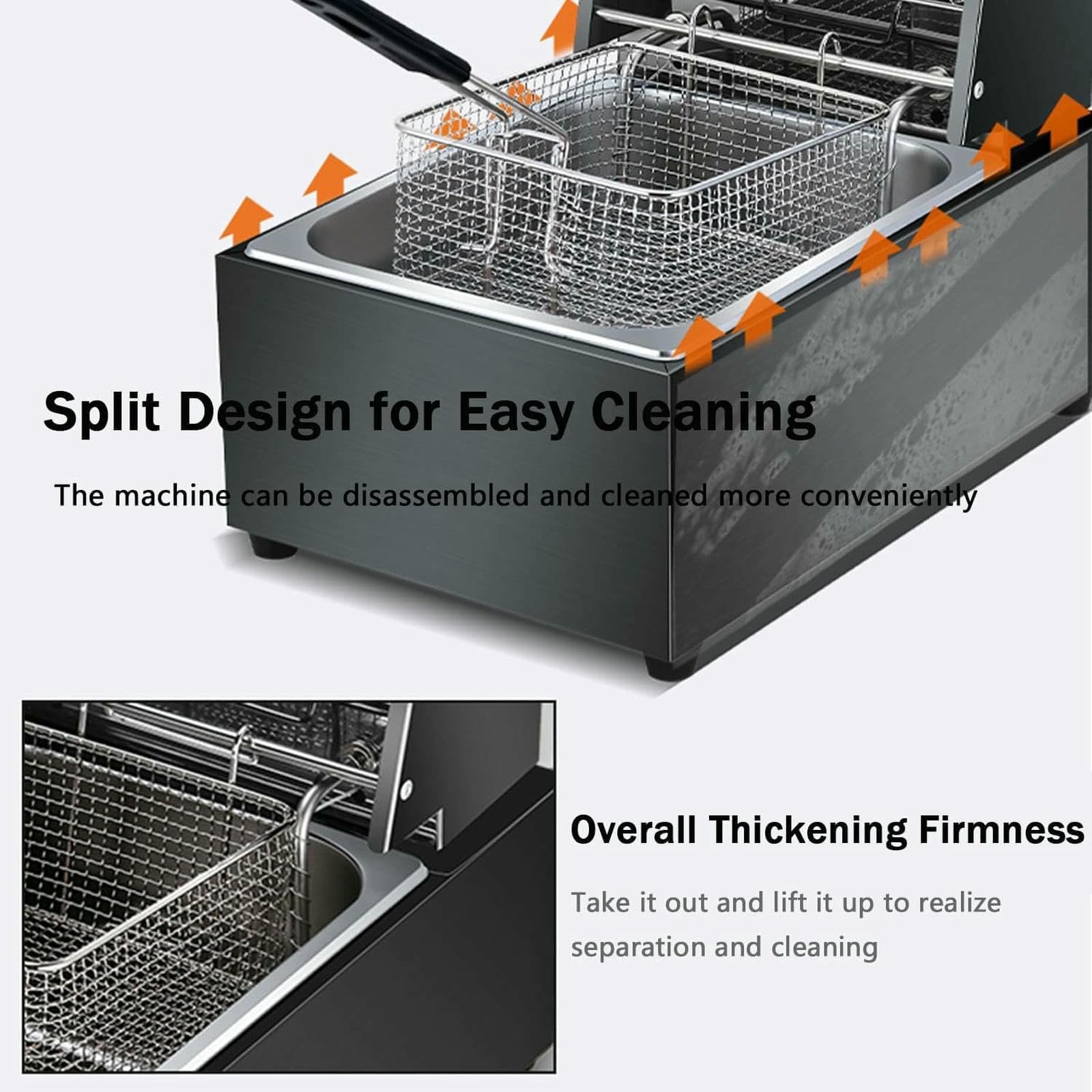 Freidora Industrial con Cesta, Control de Temperatura Ajustable de 50 a 200 °C, asa de Seguridad y sartén Antiadherente para Patatas Fritas.