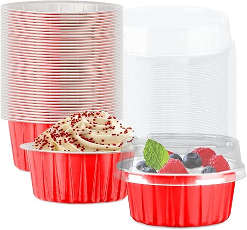Miniatura 8 de Paquete de 50 tazas para hornear con tapas, moldes de papel de aluminio para magdalenas, moldes de papel de aluminio desechables, soportes para