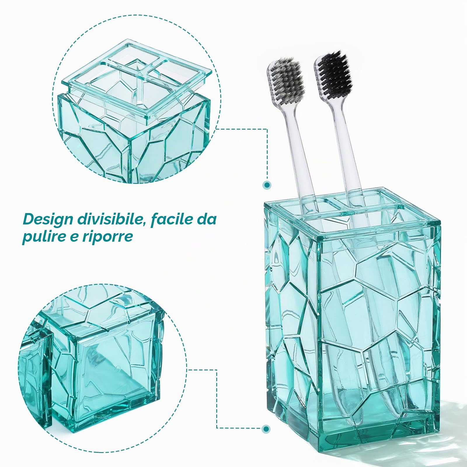 Set di accessori da bagno in acrilico trasparente, antiruggine, design trasparente, include dispenser di sapone, portaspazzolino, tazza, portasapone e scopino per WC, 5 pezzi (blu foglia di tè)
