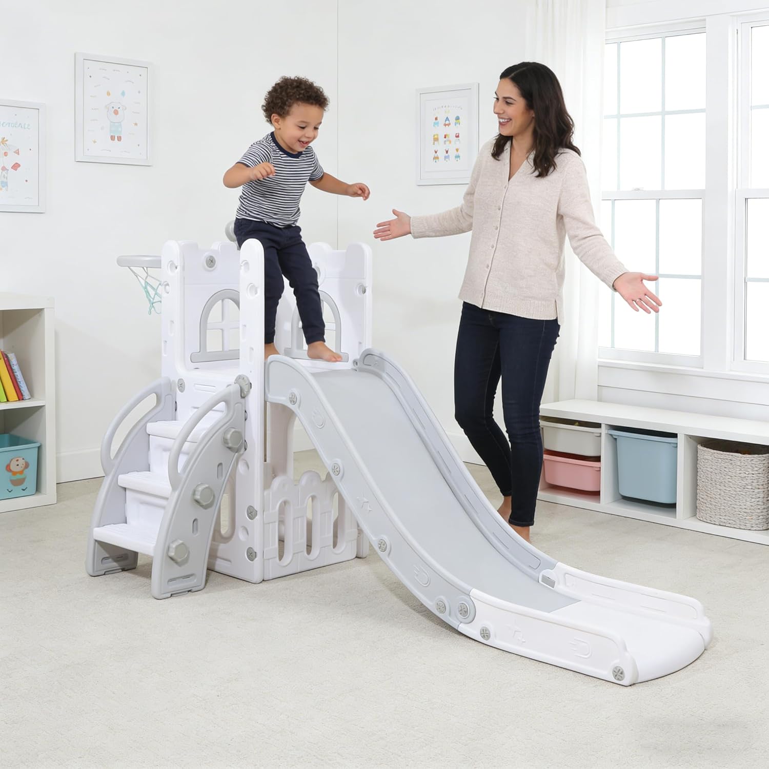 6 in 1 Toddler Slide,Outdoor Playset,Playground Game System,Small Slides for Home,Indoor Outdoor Playground with Basketball Hoop and Telescope