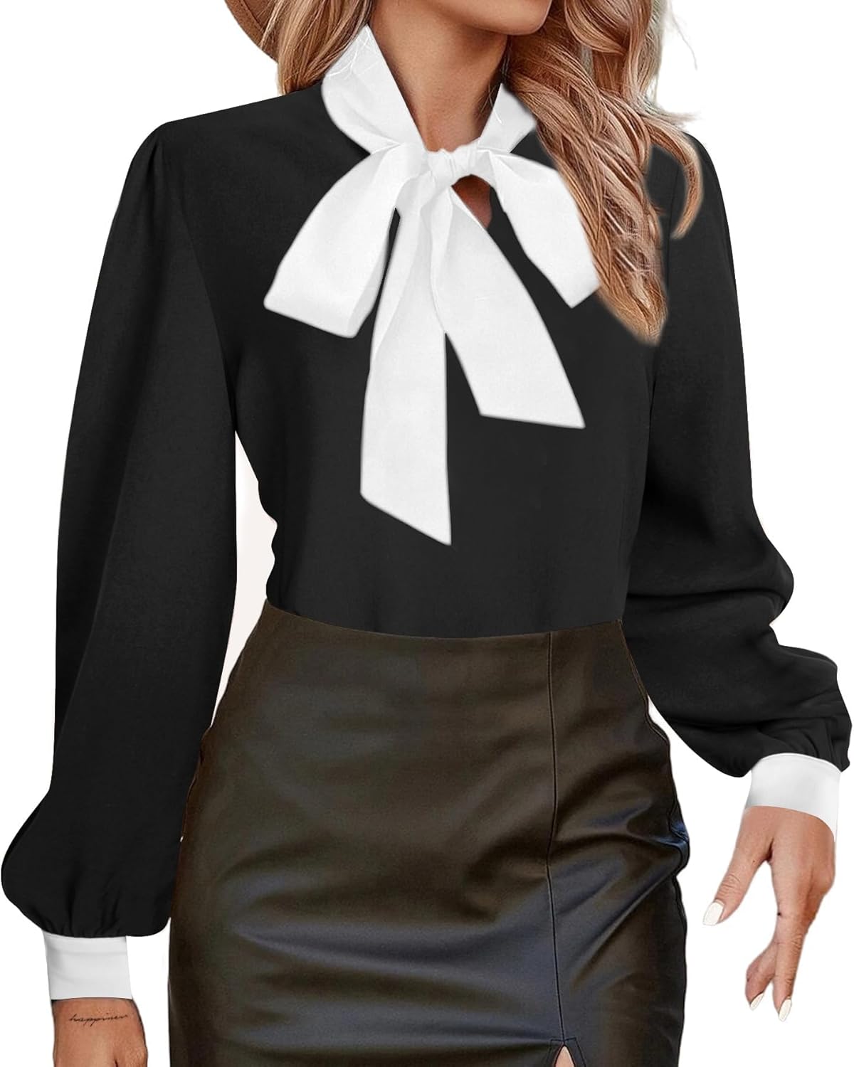 Avanova Women Tie Neck Bishop Long Sleeve Shirts Casual Work Blouses Tops