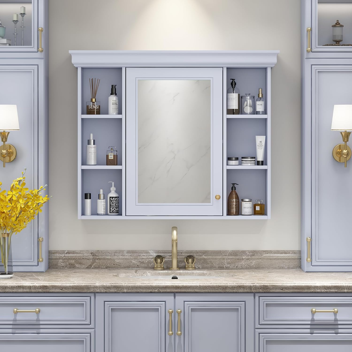 35'' x 28'' Blue Wall Mounted Bathroom Storage Cabinet with Mirror Door, Modern Bathroom Wall Cabinet with Mirror, Medicine Cabinet with 6 Open Shelves