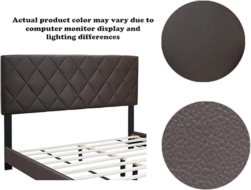 Miniatura 3 de Cama tapizada de plataforma tamaño Queen con cabecera ajustable, marco de cama de madera maciza con cabecero estilo enrejado y soporte de listones