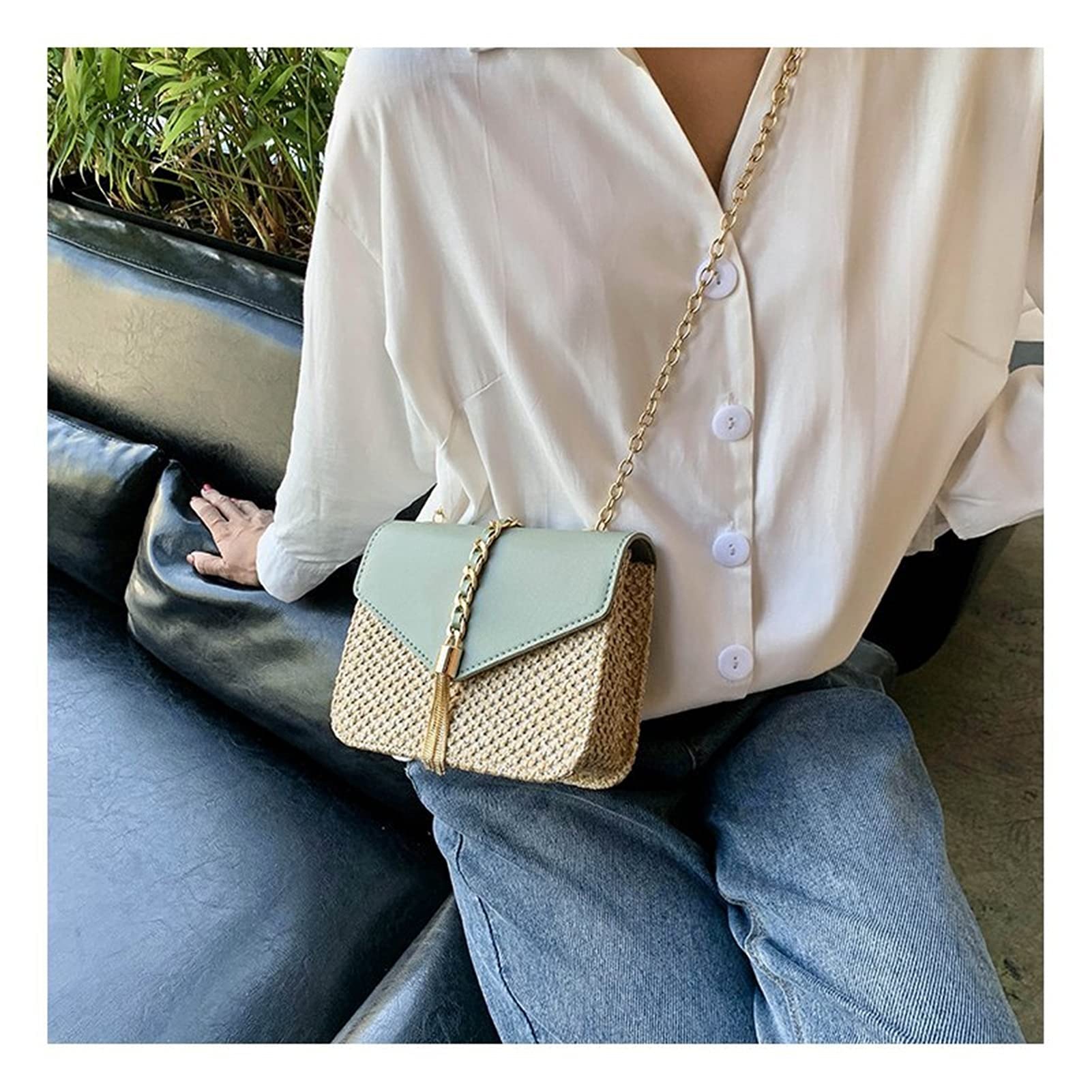 Capazo Playa,Bolsos De Mimbre Bolsas de colgajo de Cadena con Flecos para Mujer de Paja. + PU Bolsas de Crossbody Bolsos de Hombro Messenger Beach Messenger(Black)