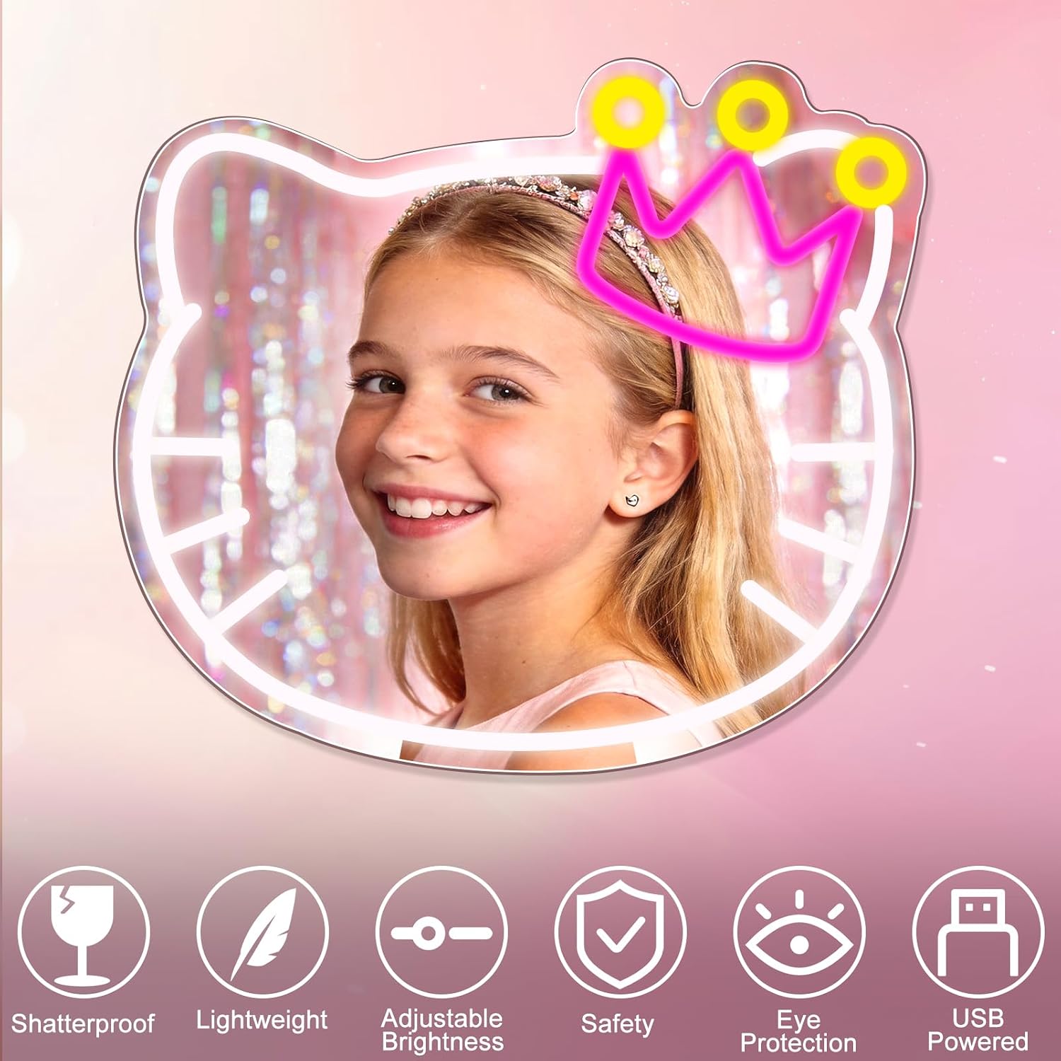 Large Anime Vanity Mirror with Neon Sign, 19 x 16 Inch USB Powered Makeup LED Mirror with Adjustable Brightness, Room Wall Decor for Girls Teen Bedroom Women Children Gift Birthday Christmas