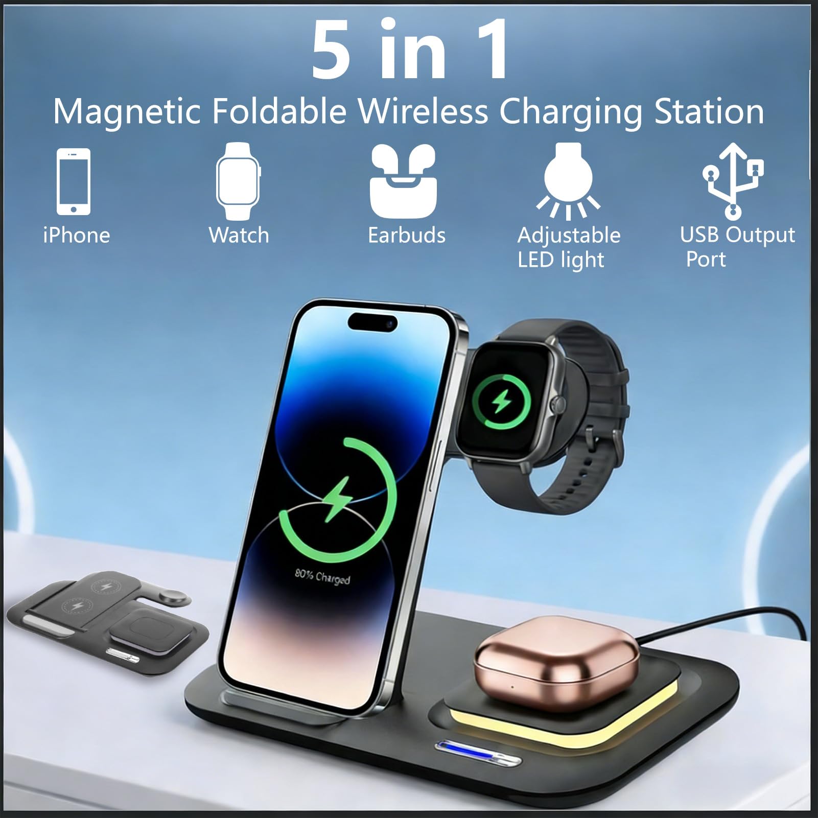 Bezprzewodowa łAdowarka,Stacja łAdująCa 3 w 1 do iPhone 17 16 15 14 13 12 11/Pro/Max/Plus,Indukcyjna Bezprzewodowa łAdowarka z Lampką Nocną do Apple Watch 10/9 z Airpods 3/2/Pro,Ciemnoczarna