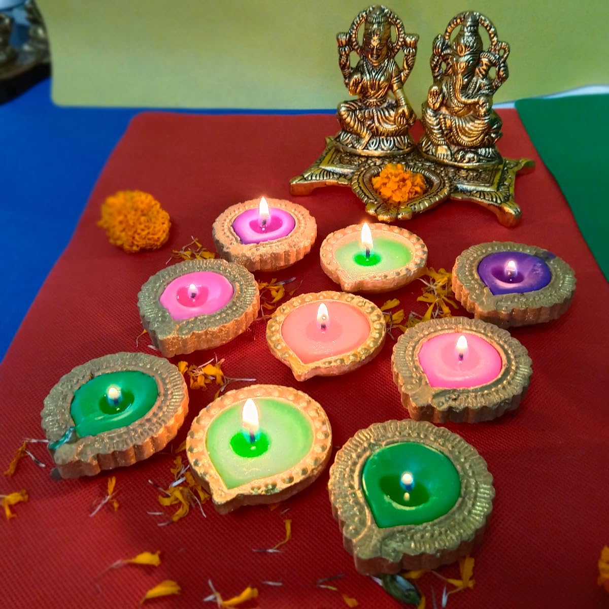Sky Trends Diwali Clay Diya Set of 15 pcs with Wax Filled Diya Multi Colour Indian Traditional Clay Diya for Diwali Decoration Pack of 15 pcs