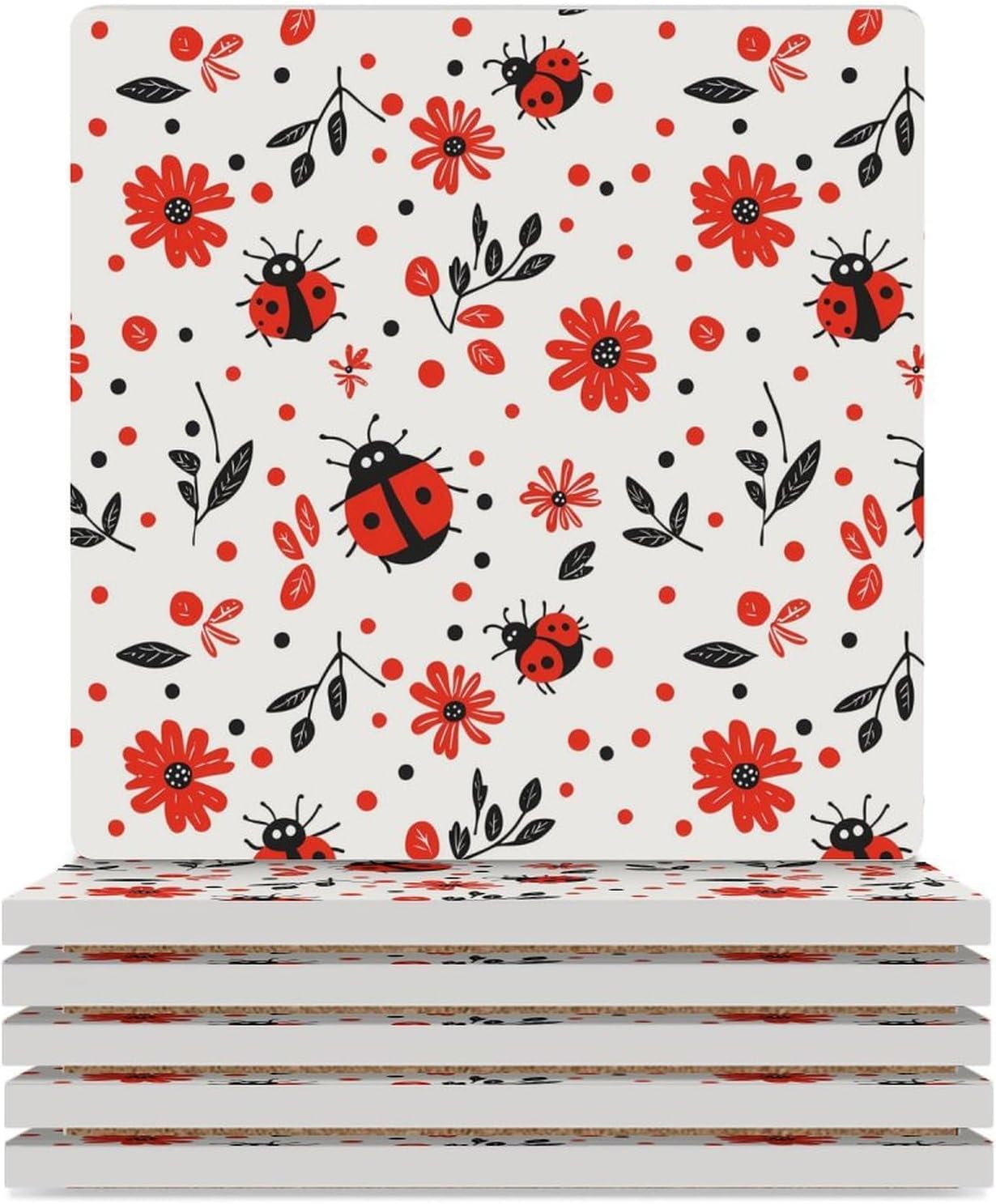 Ladybug Insect Ceramic Coasters Square Drinks Coaster Coffee Table Decor Table Coaster for Home Bar