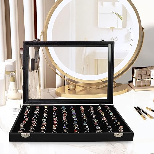 Miniatura 2 de Wuligirl - Bandeja organizadora de anillos con 100 ranuras y tapa transparente, organizador apilable de joyas como aretes, collares y anillos