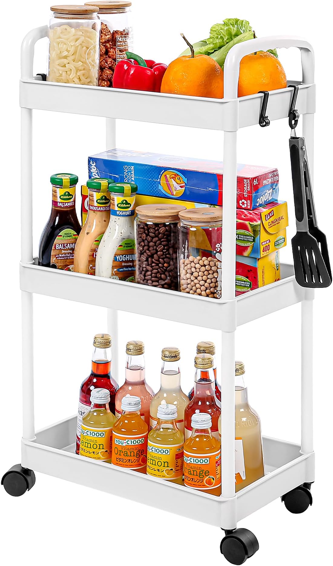 3 Tier Utility Cart Trolley with Wheels, Plastic Rolling Cart, Multipurpose Storage Trolley with Casters for Kitchen, Bedroom, Bathroom, Office