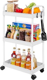 3 Tier Utility Cart Trolley with Wheels, Plastic Rolling Cart, Multipurpose Storage Trolley with Casters for Kitchen, Bedroom, Bathroom, Office
