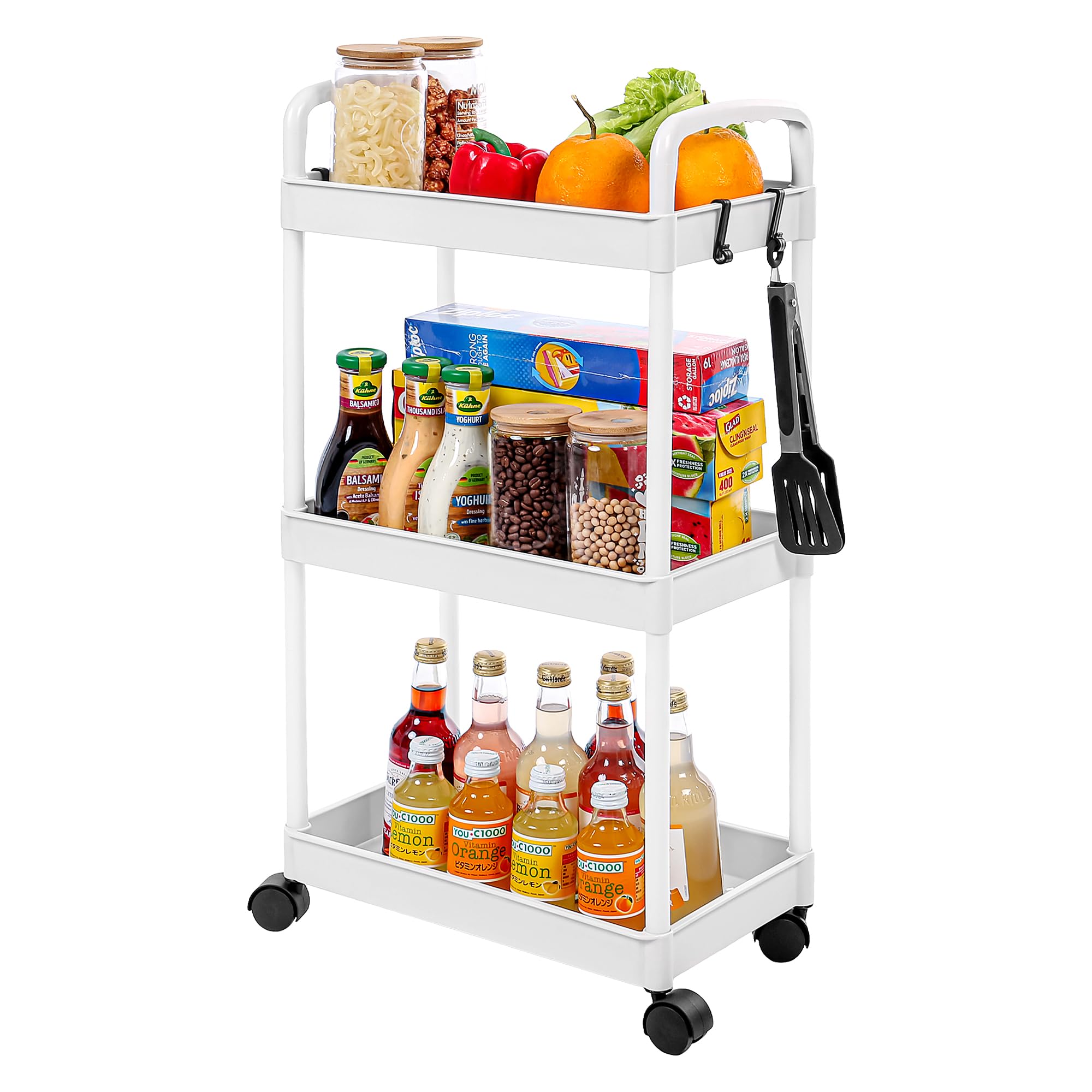 3 Tier Utility Cart Trolley with Wheels, Plastic Rolling Cart, Multipurpose Storage Trolley with Casters for Kitchen, Bedroom, Bathroom, Office