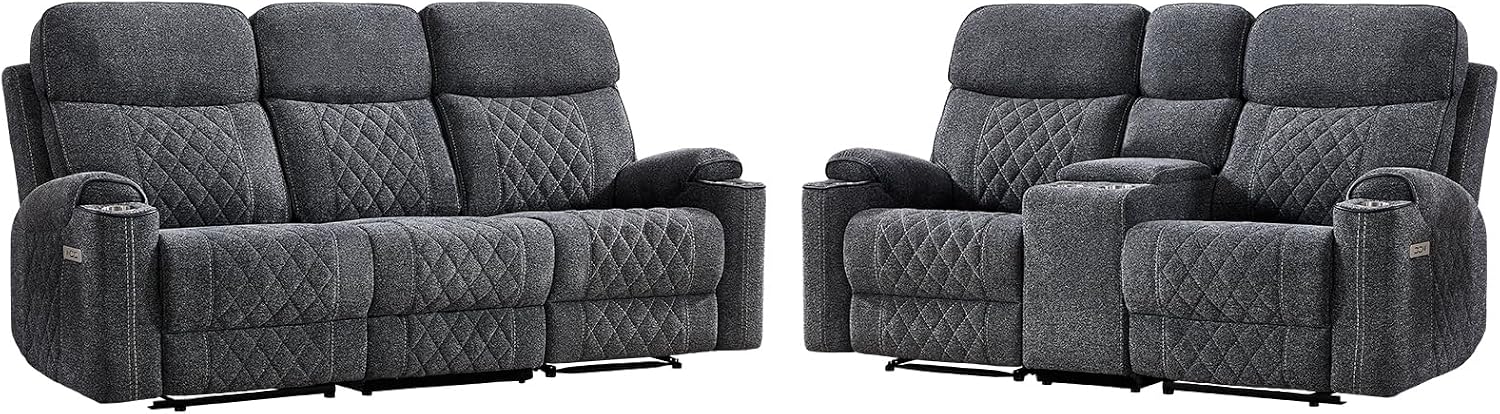 HAOMARKETS 2-Piece Power Recliner Sofa Set with Charging Port, Include 2-Seater Loveseat Reclining Couch with Hidden Storage and Cup Holders and 3-Seater Recliner Couch for Living Room, Dark Grey