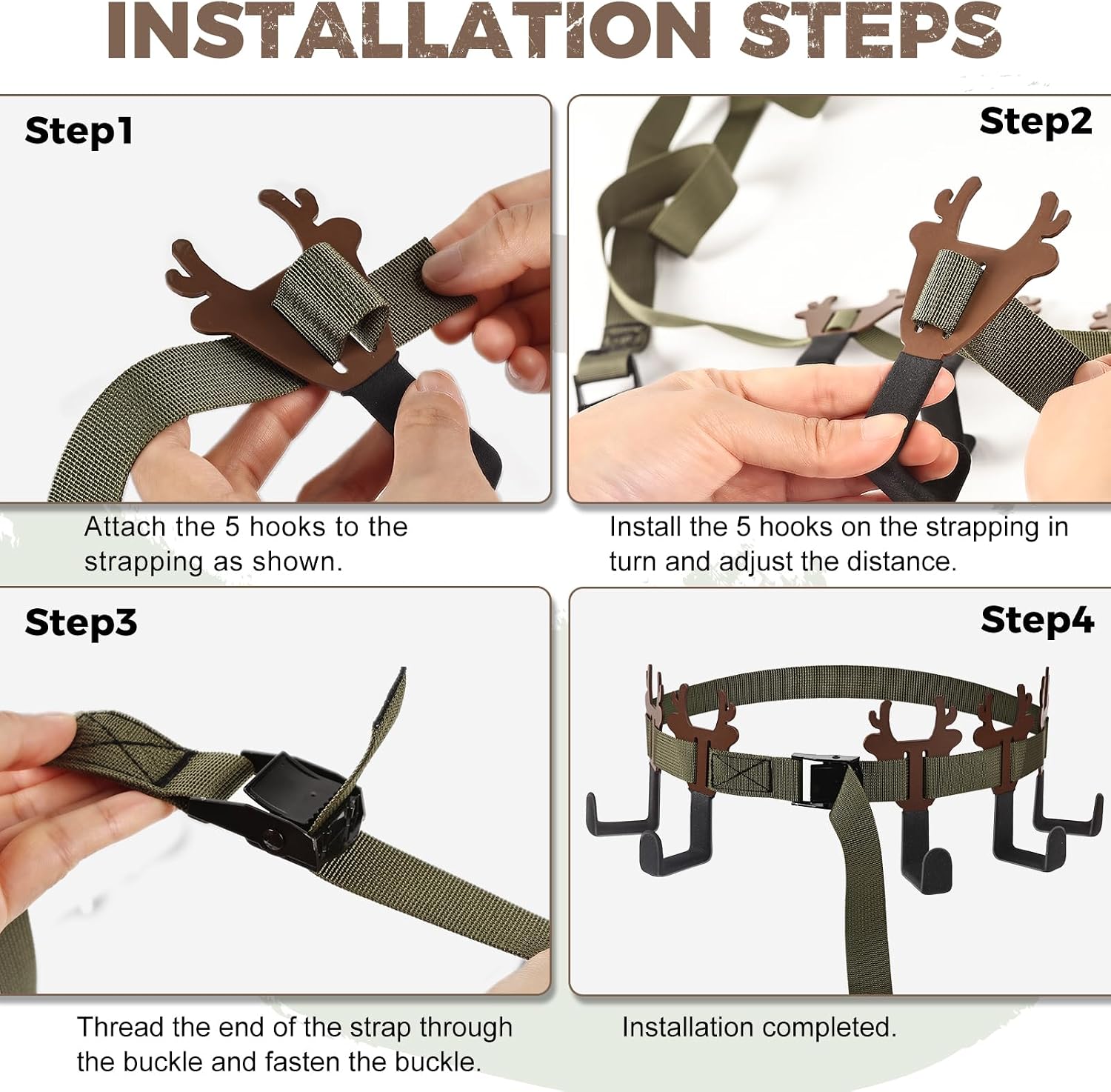 Treestand Strap Hangers with 5 Metal Gear Hooks Hunting Gear Accessory Holder for Bow and Arrows, Quiver, Backpack, Binoculars, Rangefinders Hunting Gear and Equipment Hanger for Prey