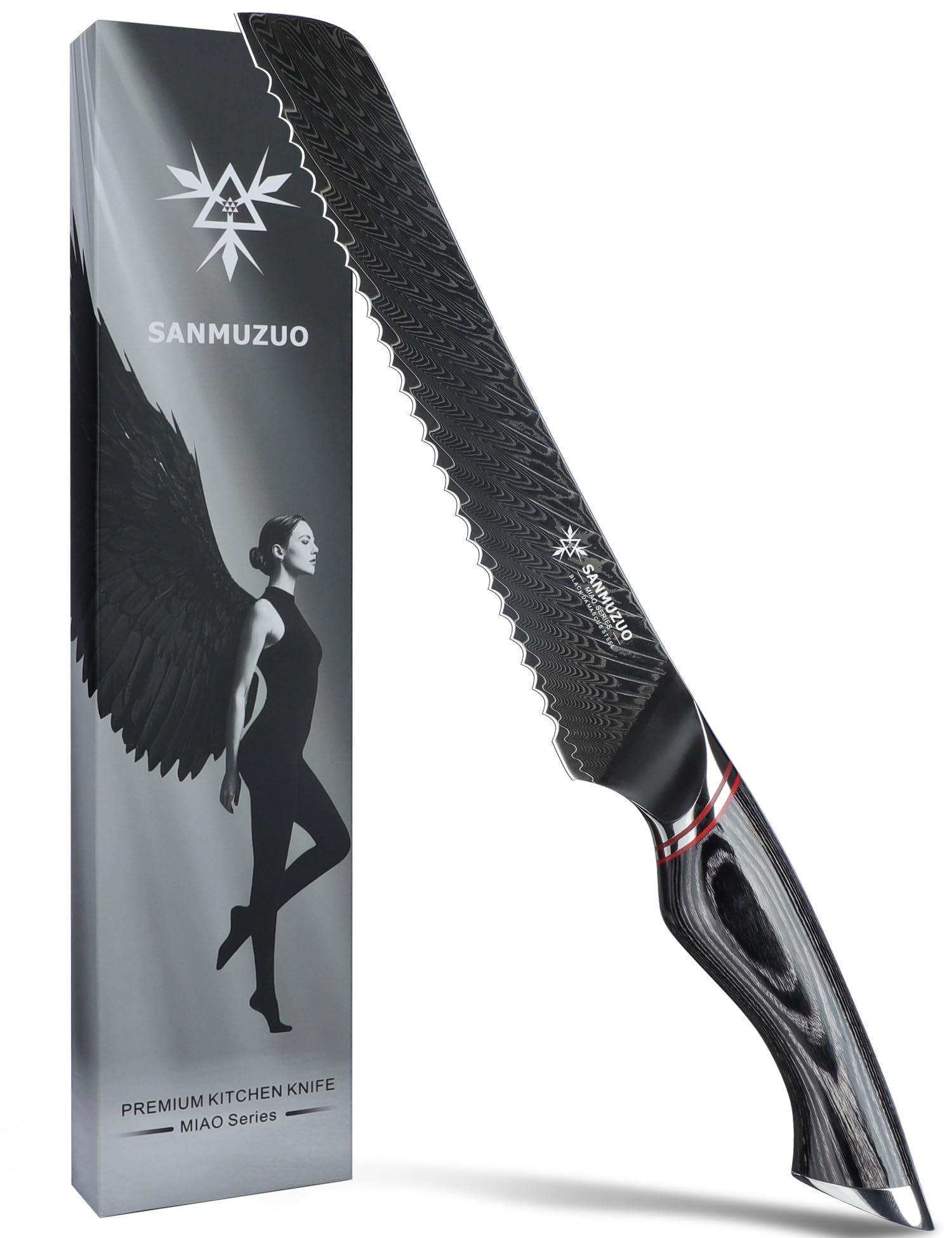 Couteau à pain 20 cm - Lame dentelée - Acier Damas noir avec manche ergonomique - Série MIAO