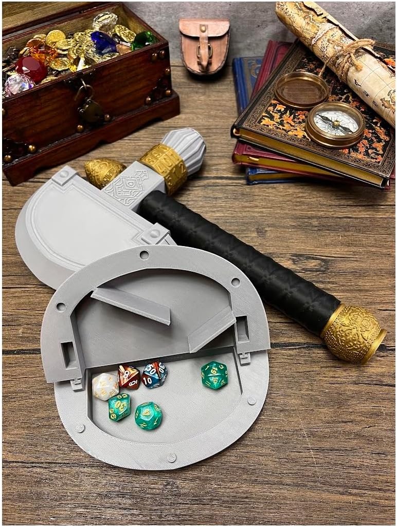 MunnyGrubbers - Axe Dice Holder & Dice Tray with Health Tracker - (Random 7PCS D20 Dice Set Included) - Tabletop Roleplaying Game - Dice Storage - Dice Roller - DND - Dungeons and Dragons - (Silver)