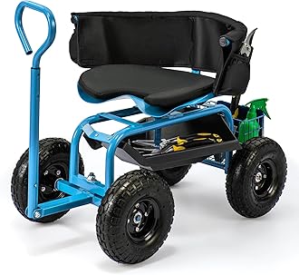 Rolling Garden Cart, 360 Swivel Workseat with 4 Wheels, Removal Cushion & Tool Tray, Storage Basket, Gardening Wagon Scooter with Adjustable Height, Handle (Blue)
