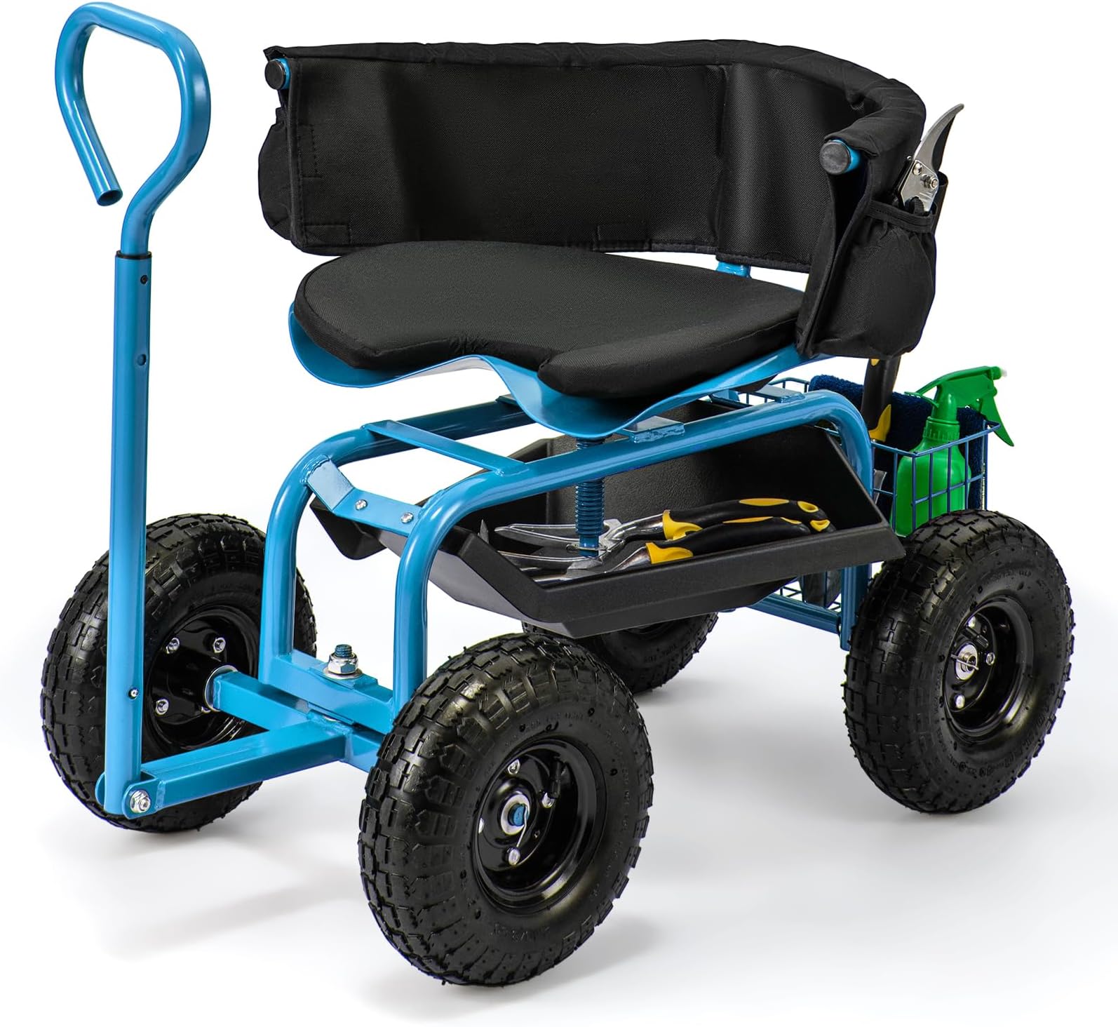 Giantex Rolling Garden Cart, 360 Swivel Workseat with 4 Wheels, Removal Cushion & Tool Tray, Storage Basket, Gardening Wagon Scooter with Adjustable Height, Handle (Blue)