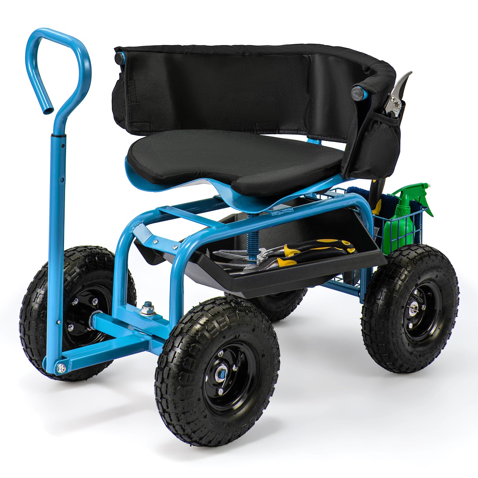 Giantex Rolling Garden Cart, 360 Swivel Workseat with 4 Wheels, Removal Cushion & Tool Tray, Storage Basket, Gardening Wagon Scooter with Adjustable Height, Handle (Blue)