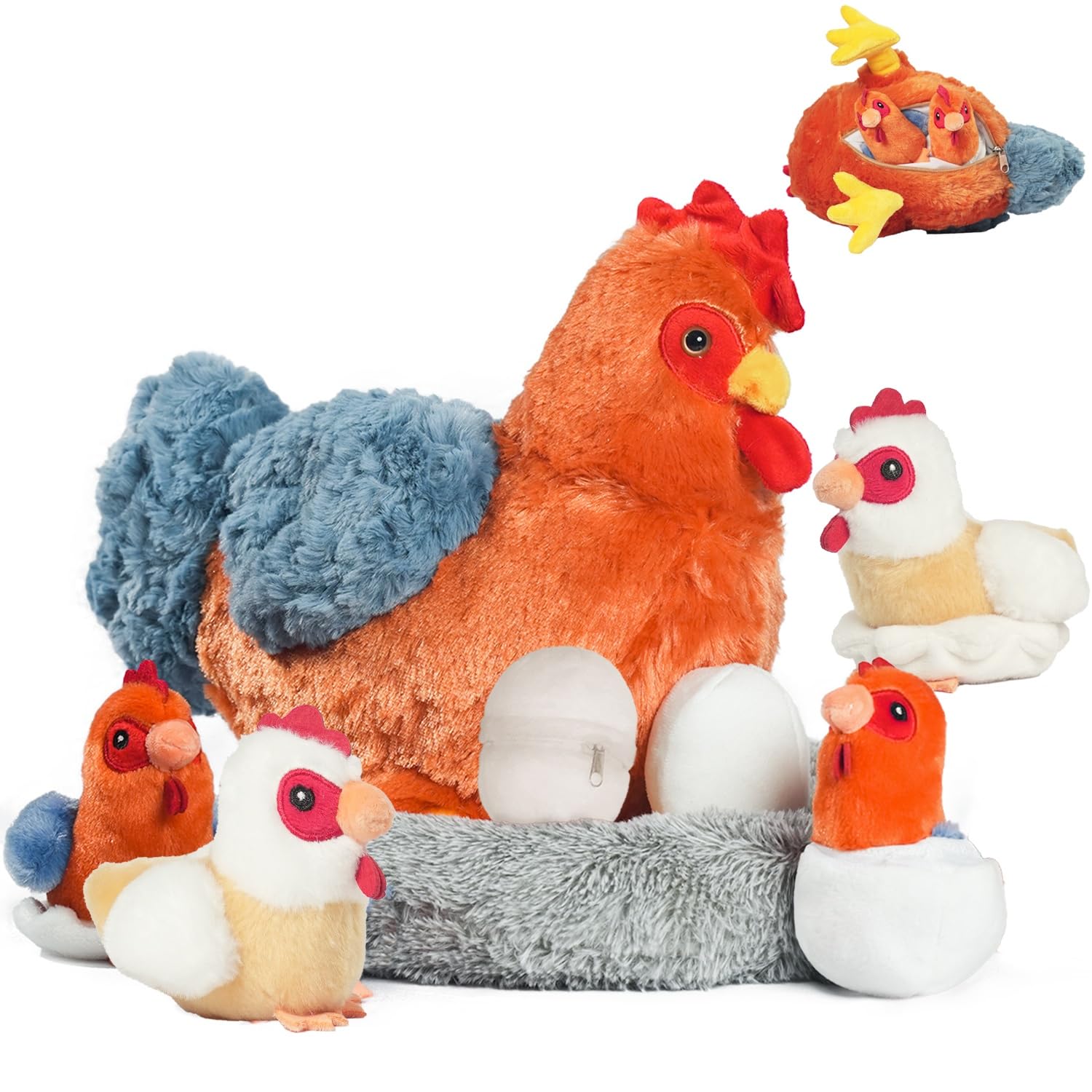 9 in 1 Chicken Stuffed Animal Set, Stuffed Chicken Plush Toys for Kids, Egg Laying Hen with Zippered Belly, Eggs, Baby Chicks Plush Chickens and Coop for Girls Boys Birthday Easter