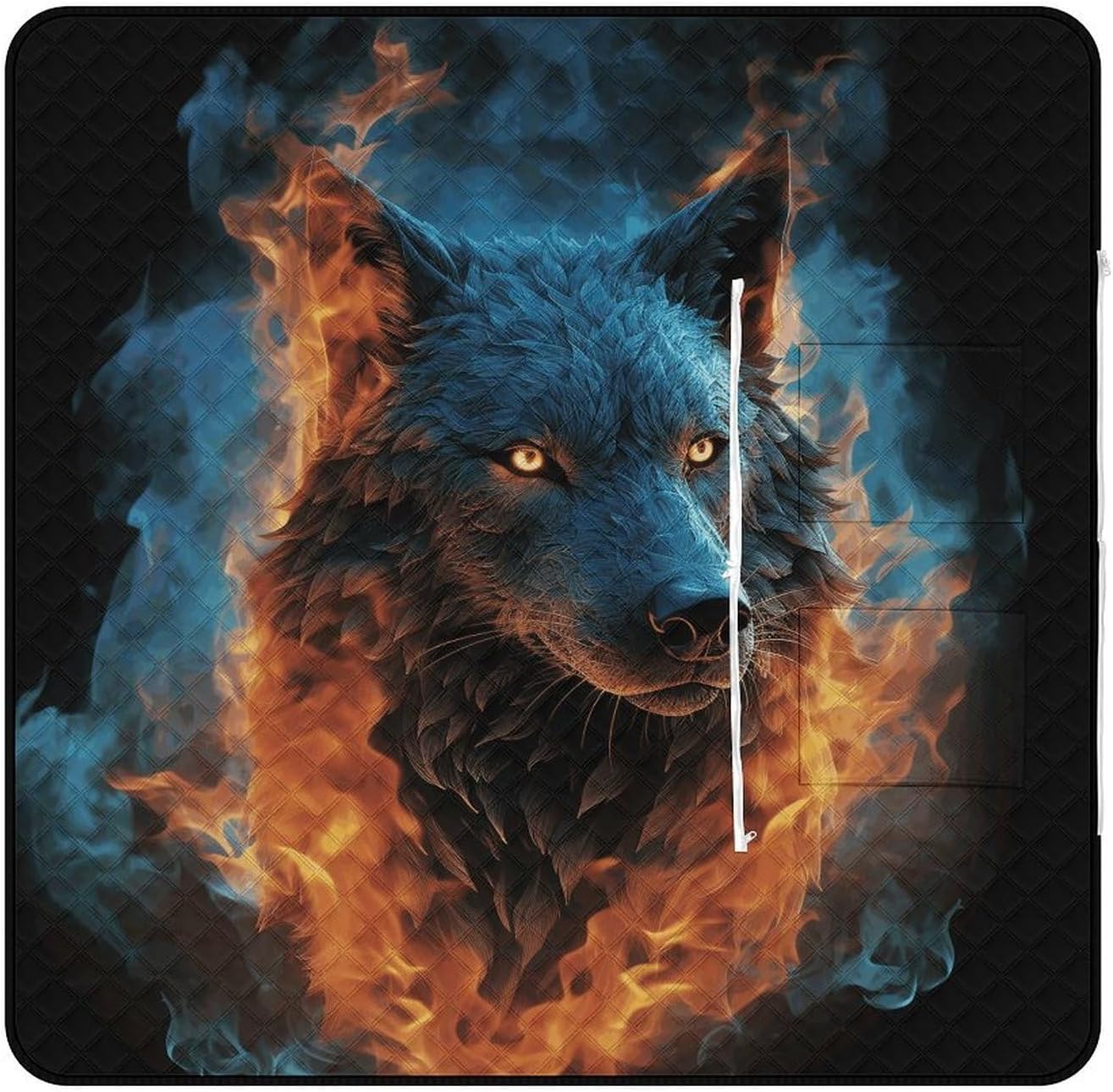 Wolf Head in Blue Flames Picnic Blanket 150x150cm, Foldable 2-in-1 Picnic Mat and Tote Bag Portable Waterproof Beach Mat Sandproof Outdoor Blanket for Park, Hiking, Beach, Camping, Travel