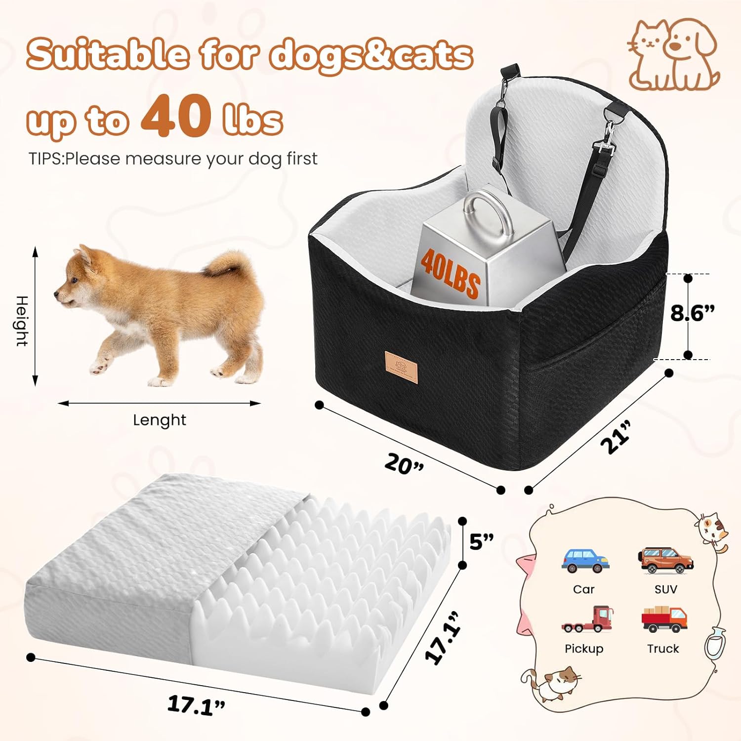 Dog Car Seat for Medium/Small Dogs, Dog Booster Car Seat, Pet Booster Seats Up to 40lbs with Waterproof Layer, 3 Storage Pockets and Safety Belt (Black/Grey)