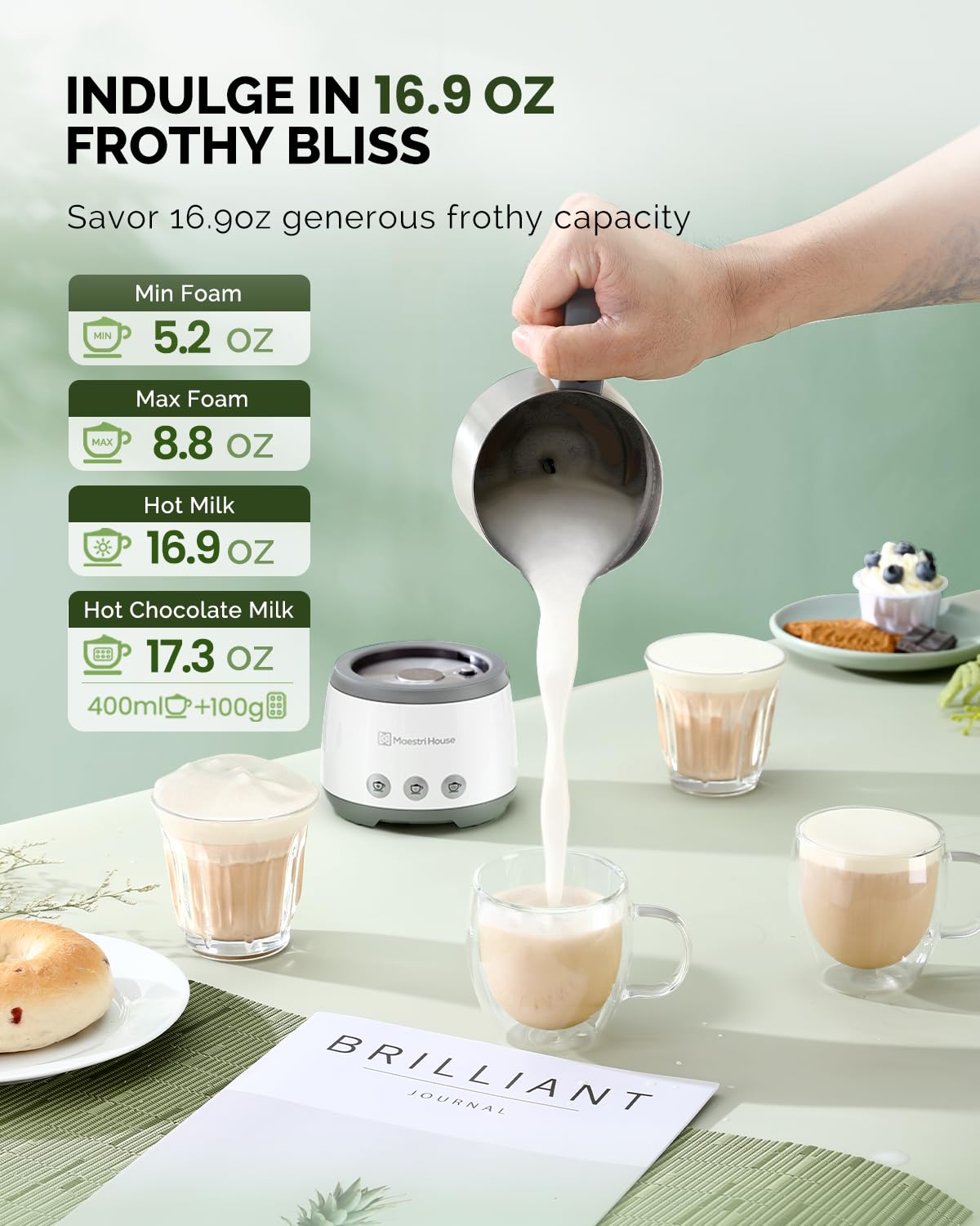 Espumador de leche, vaporizador de leche eléctrico 4 en 1, 16.9 onzas, 600 W, control táctil inteligente, máquina de espuma fría y caliente, función de memoria para latte, capuchinos, 4